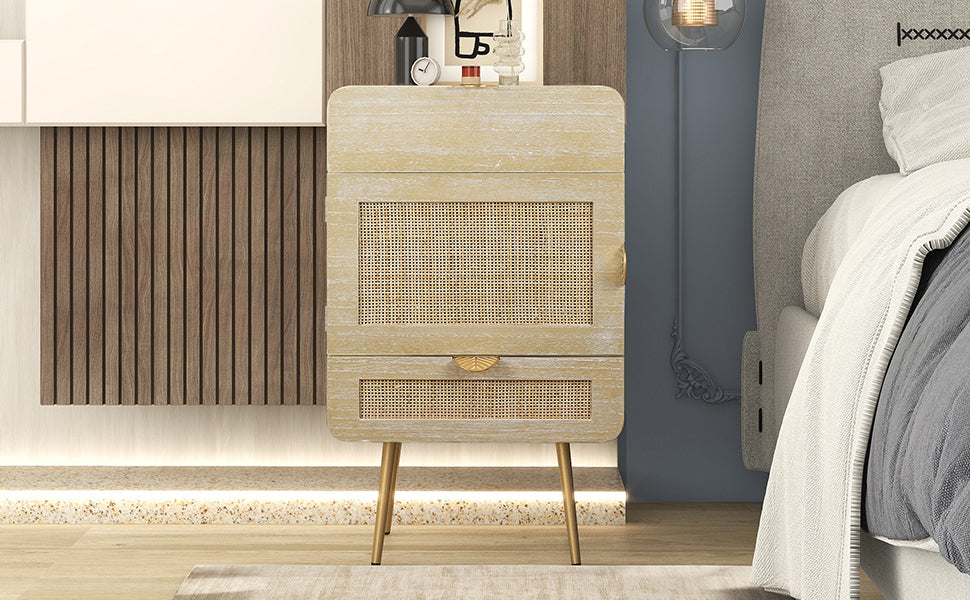 LAGO Natural Wooden Nightstand with Rattan Panel