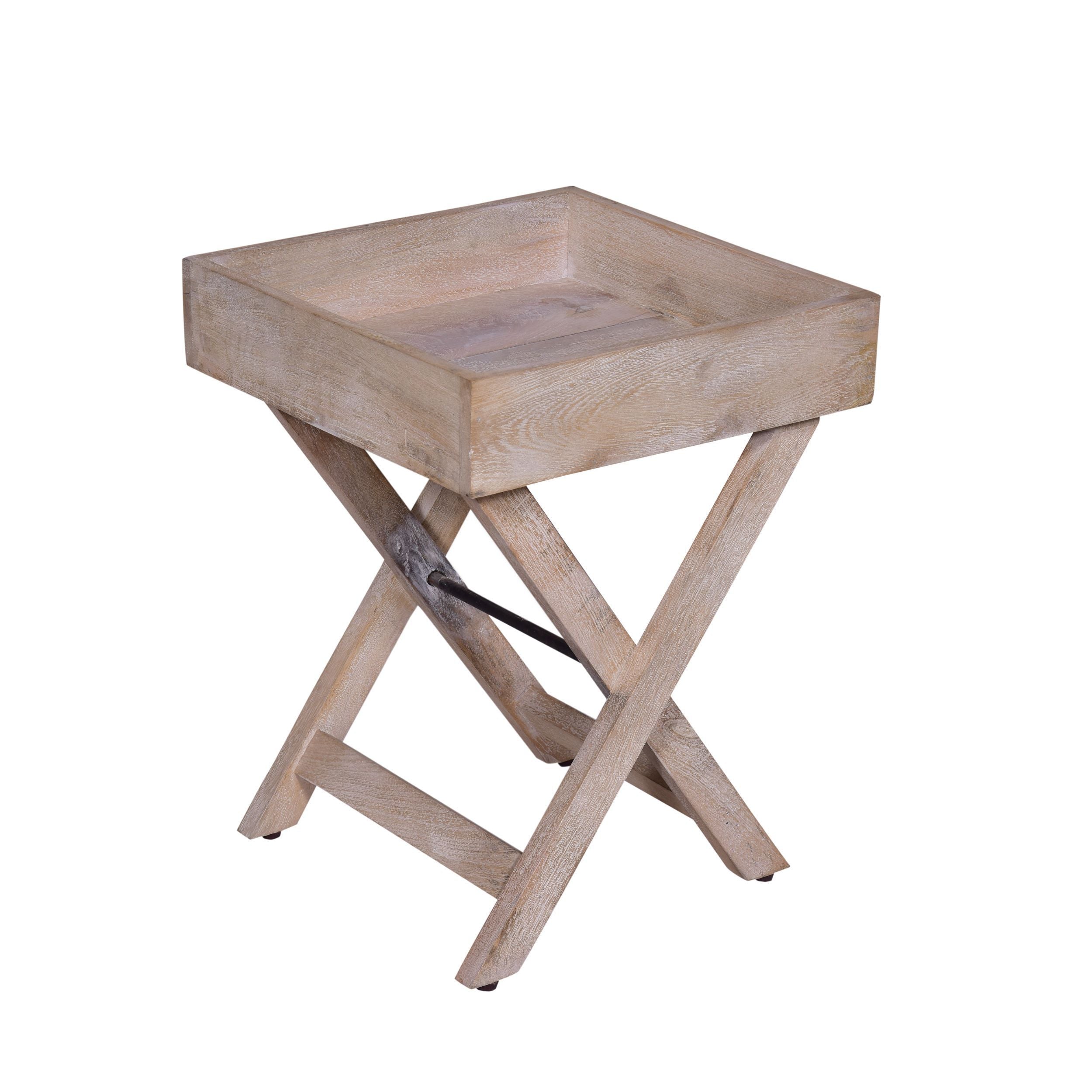 22 Inch Farmhouse Square Tray Top End Table, Mango Wood, X Shape Foldable Frame - Washed White/Natural