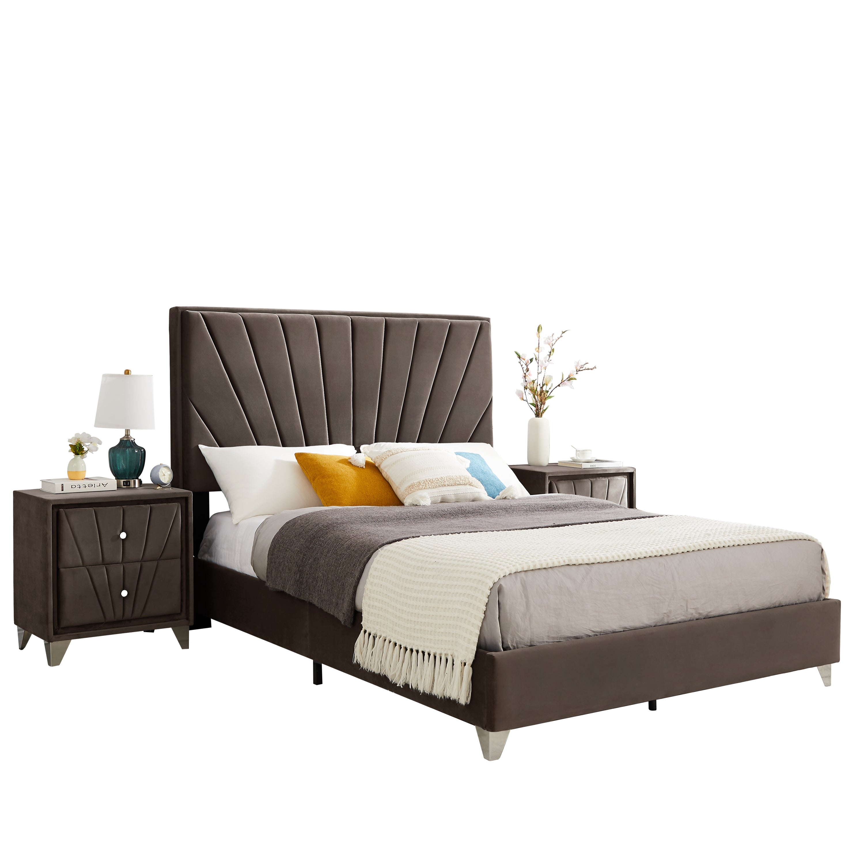 Full Bed + 2 Nightstands w/ Beautiful line stripe cushion headboard - Brown