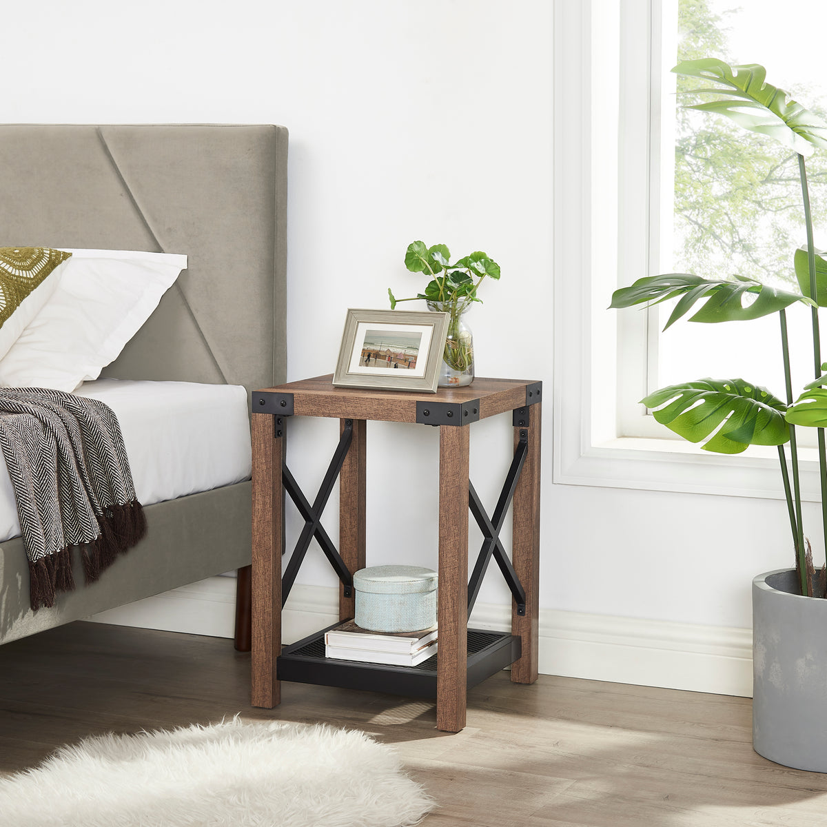 Farmhouse Wood Side Table, Nightstand with Mesh Shelf, 2-Tier End Table - Brown