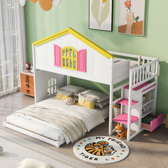 Twin over Full House Bunk Bed with Pink Staircase & Drawer - White