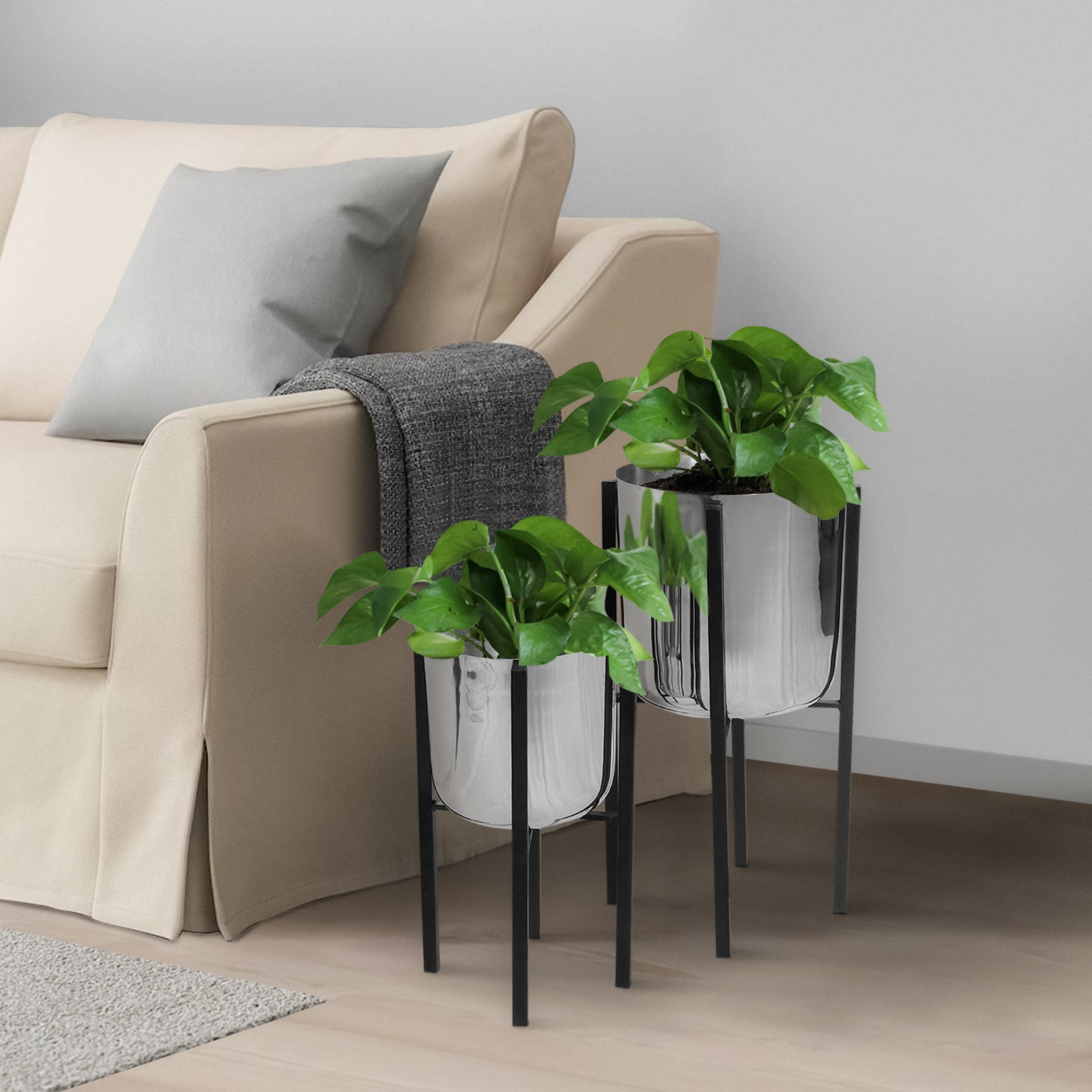 Iron Plant Stand with Bowl Shape and Tubular Metal Frame (Set of 2) - Silver and Black
