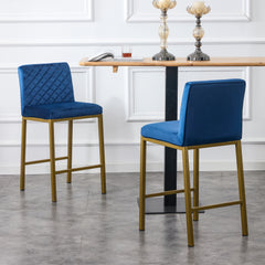 Modern Design High Counter Stool Metal Legs - Dark Blue Velvet Bar Chair (Set of 2)