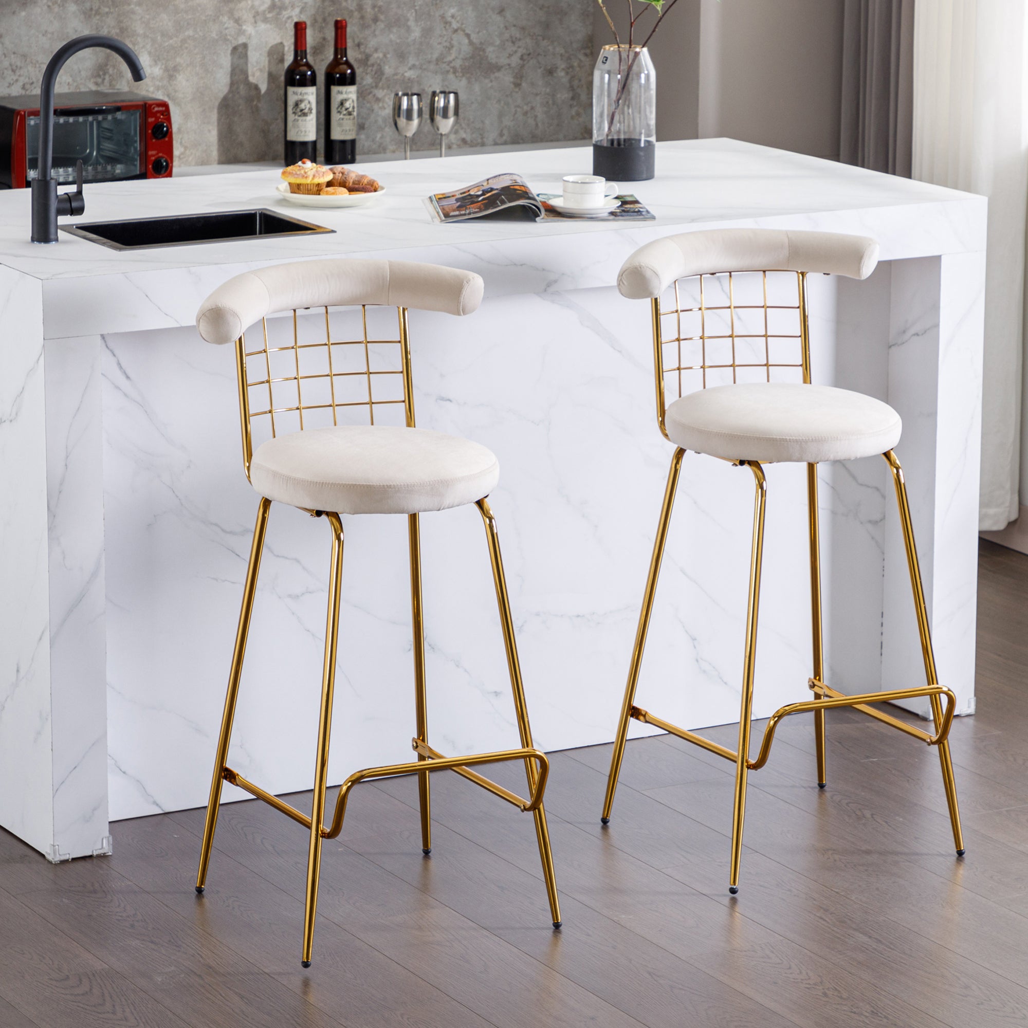 Luxury Velvet High Bar Stool with Metal Legs and Soft Back with Metal Legs (Set of 2) -Beige