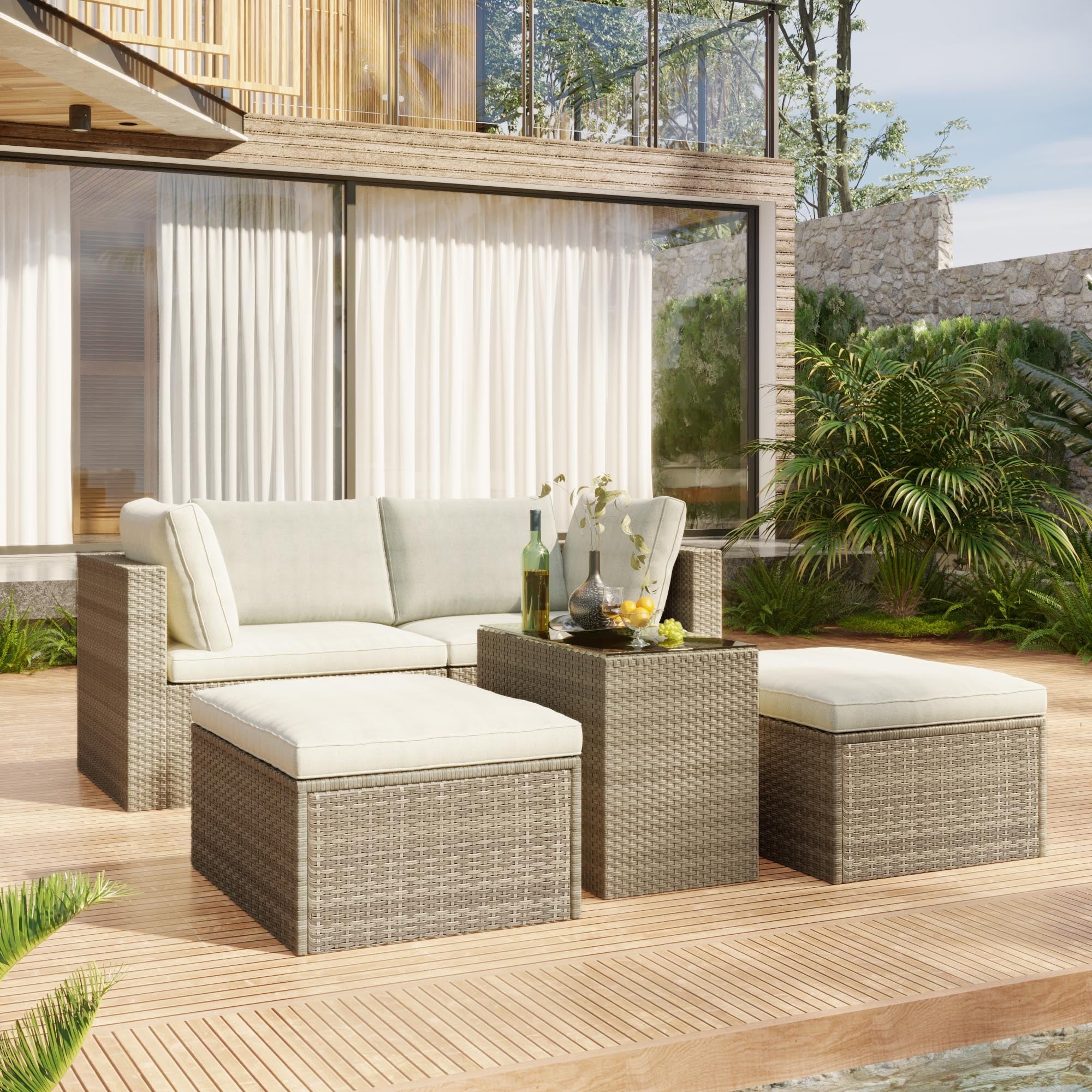 Outdoor Patio Furniture Set, 5-Piece Wicker Rattan Sectional Sofa Set - Brown and Beige