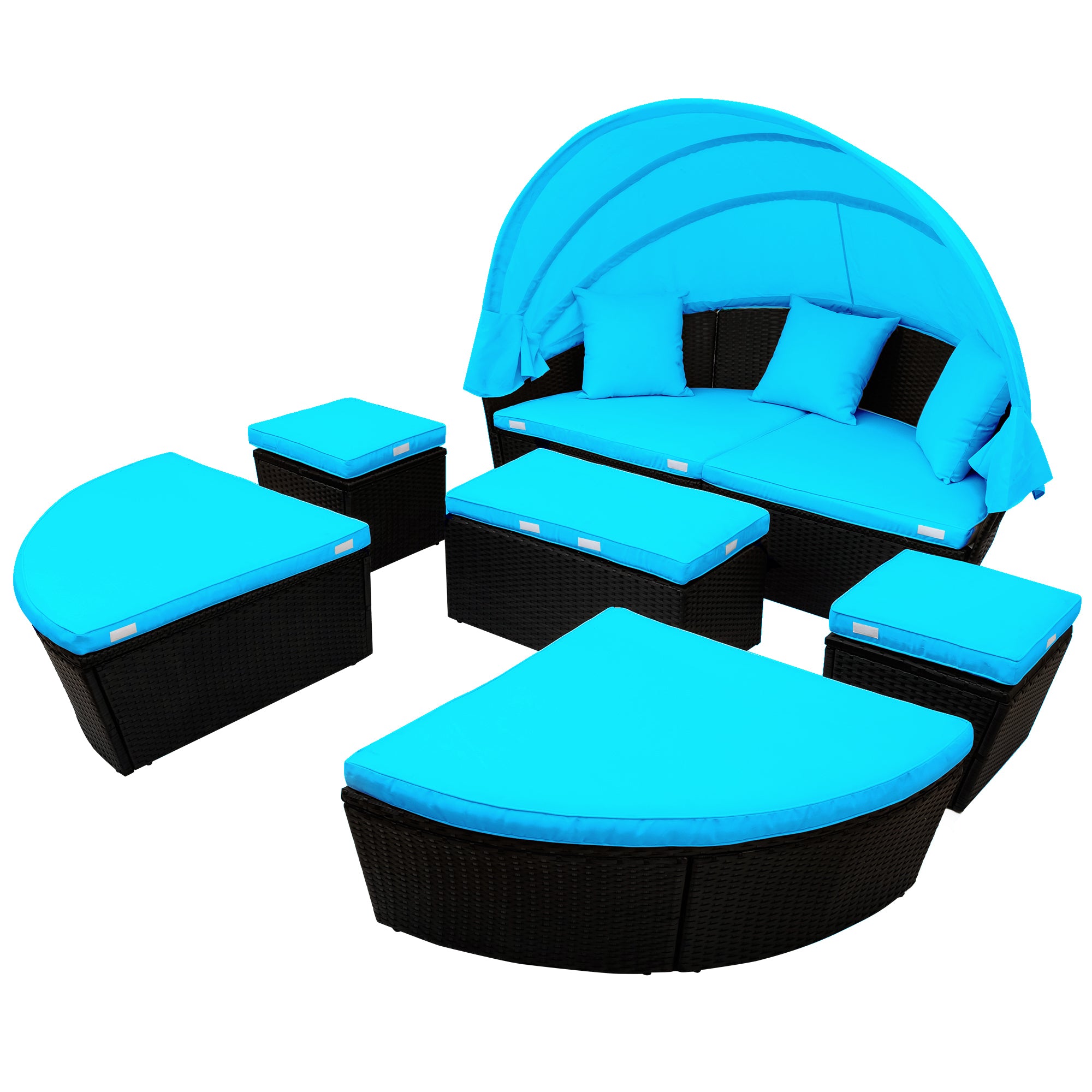 Outdoor rattan daybed sunbed with Retractable Canopy Wicker Furniture, Round Outdoor Sectional Sofa Set, Black Wicker Furniture Clamshell  Seating with Washable Cushions - Blue