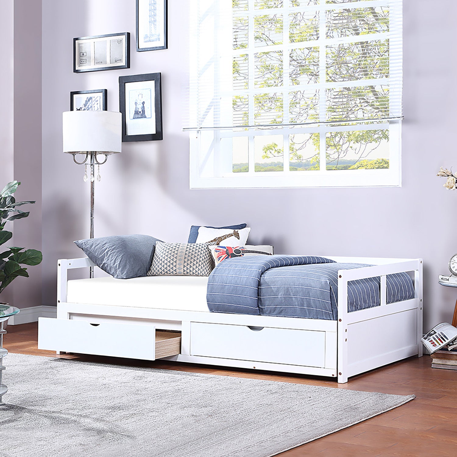 Extendable  Daybed with Trundle Bed and Two Storage Drawers - White