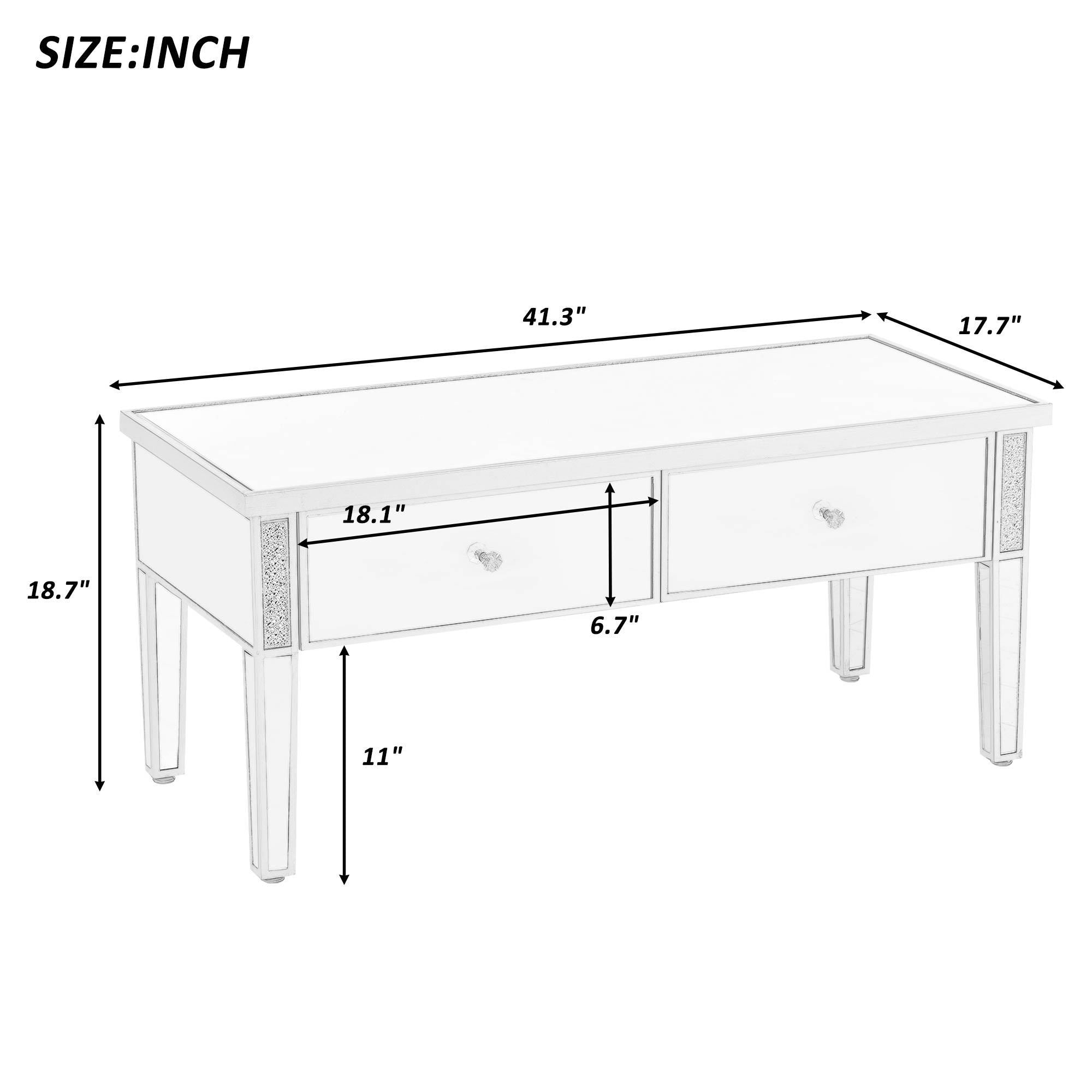 Modern Glass Mirrored Coffee Table with 2 Drawers, Cocktail Table with Crystal Handles and Adjustable Height Legs - Silver