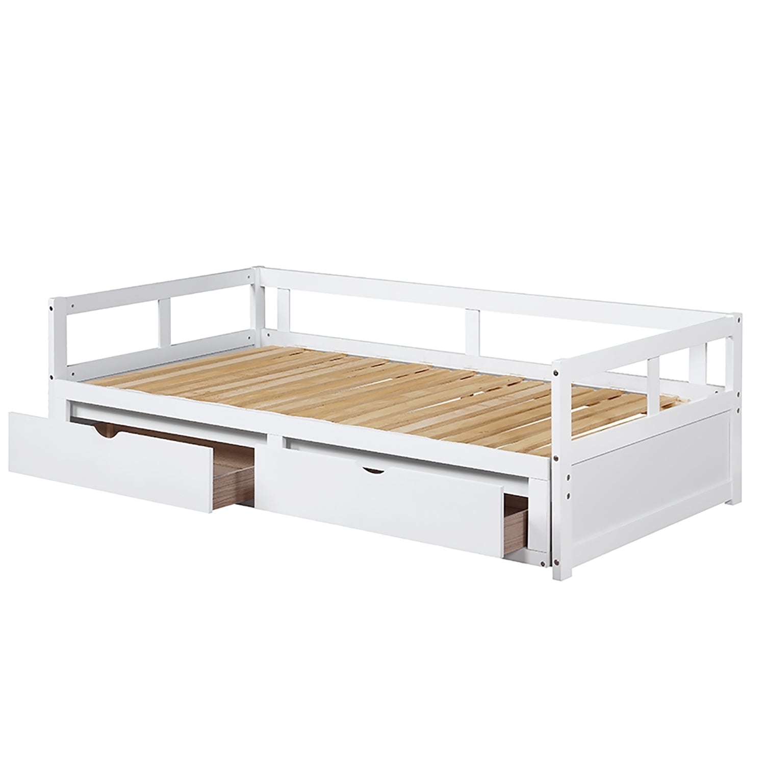Extendable  Daybed with Trundle Bed and Two Storage Drawers - White