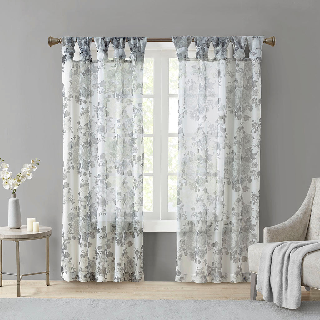 50x95" Printed Floral Twist Tab Top Voile Sheer Curtain - White