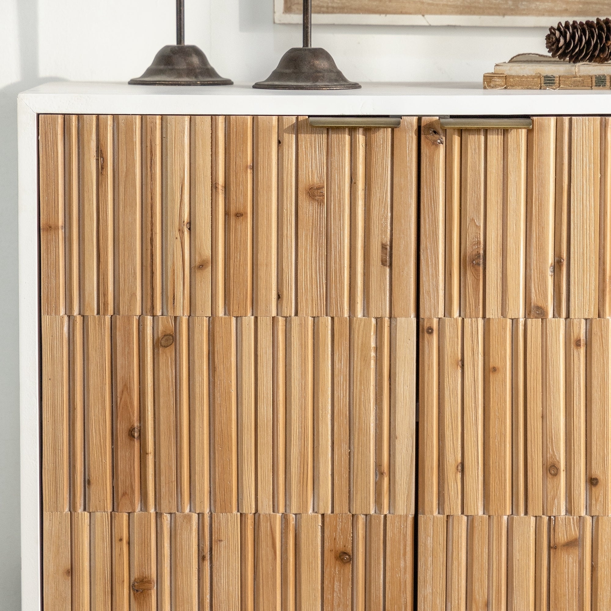 Retro Fashion Style 3-Door Storage Cabinet with Vertical Grain Embossed Design and Double Layer Storage Space - White + Oak
