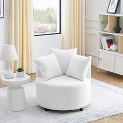 Teddy Fabric Swivel Accent Backchair Upholstered Luxury Lounge Chair with Movable Wheels, Including 3 Pillows - White