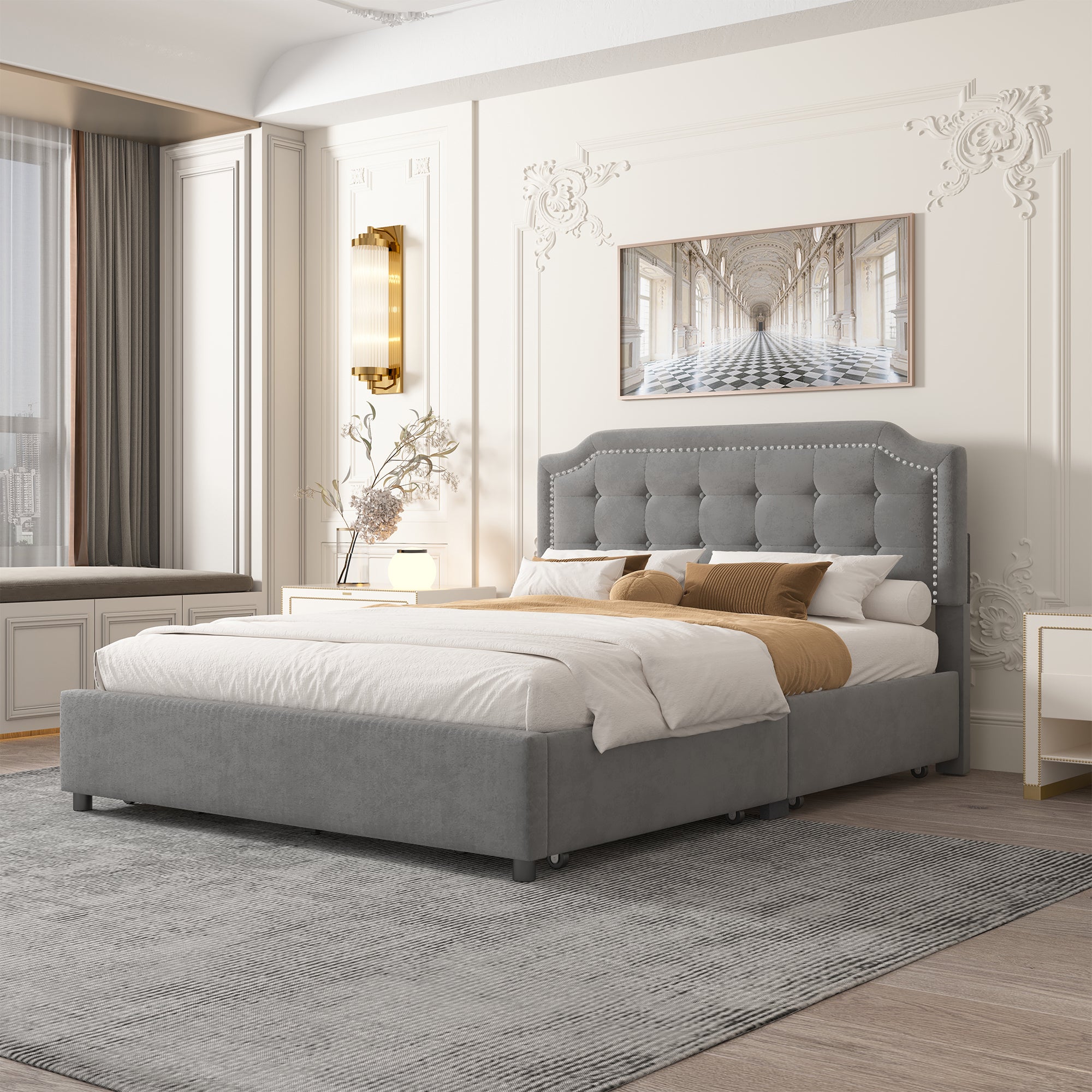 Elegant Queen Size Bed with Classic Headboard and 4 Drawers - Velvet Gray
