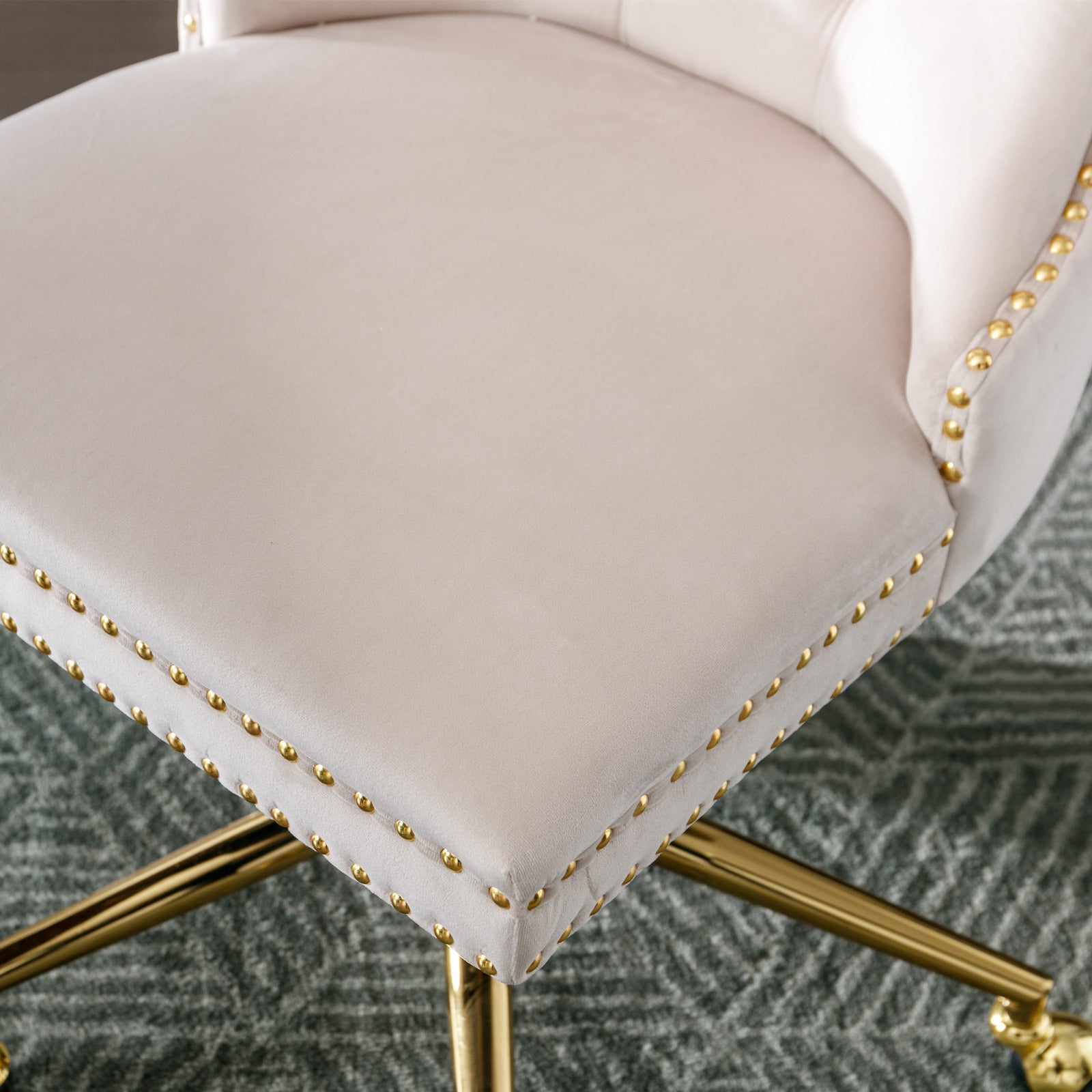 Velvet Upholstered Tufted Button Home Office Chair with Golden Metal Base - Beige