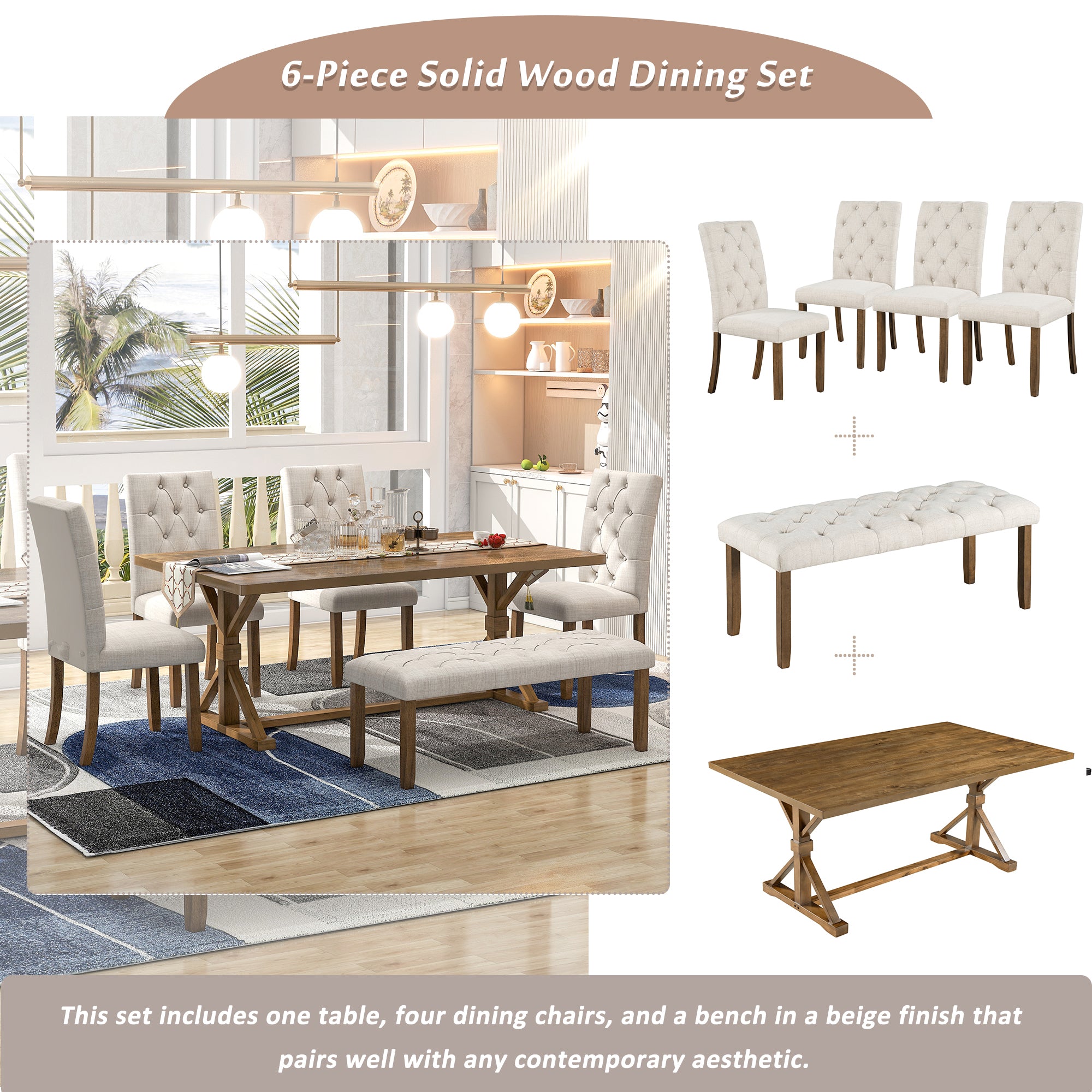 6-Piece Farmhouse Dining Table Set 72" Wood Rectangular Table, 4 Upholstered Chairs with Bench - Walnut
