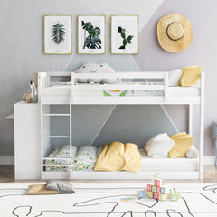 Twin over Twin Bunk Bed with Cabinet and Shelves Storage - White