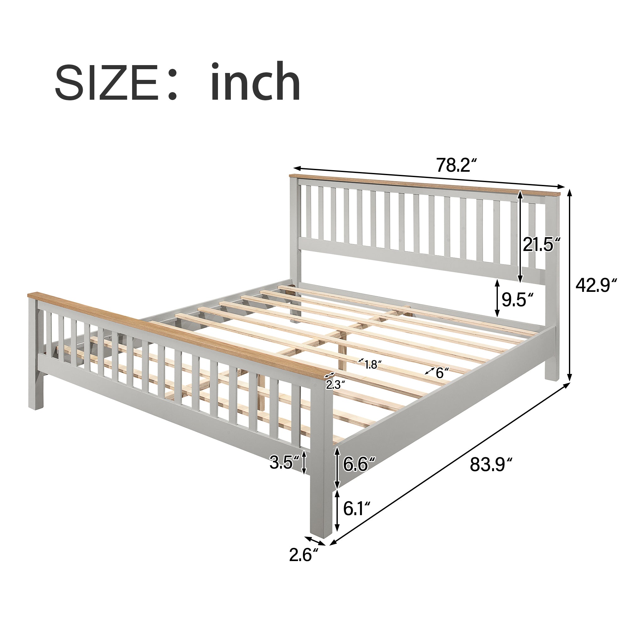 King Size Country Platform Bed with Oak Top - Grey