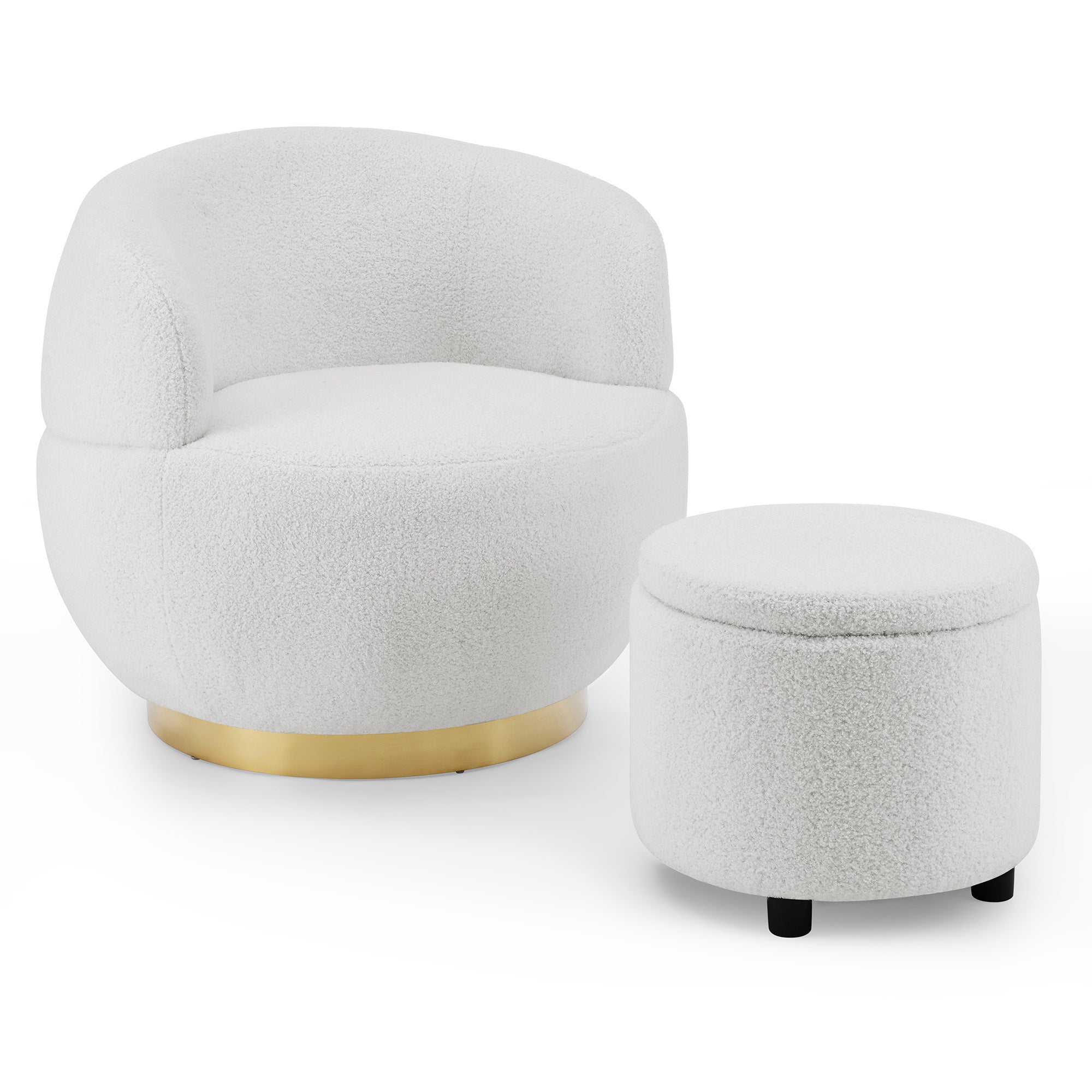 Swviel Barrel Chair Gold Stainless Steel Base with Storage Ottoman - Teddy Fabric Ivory