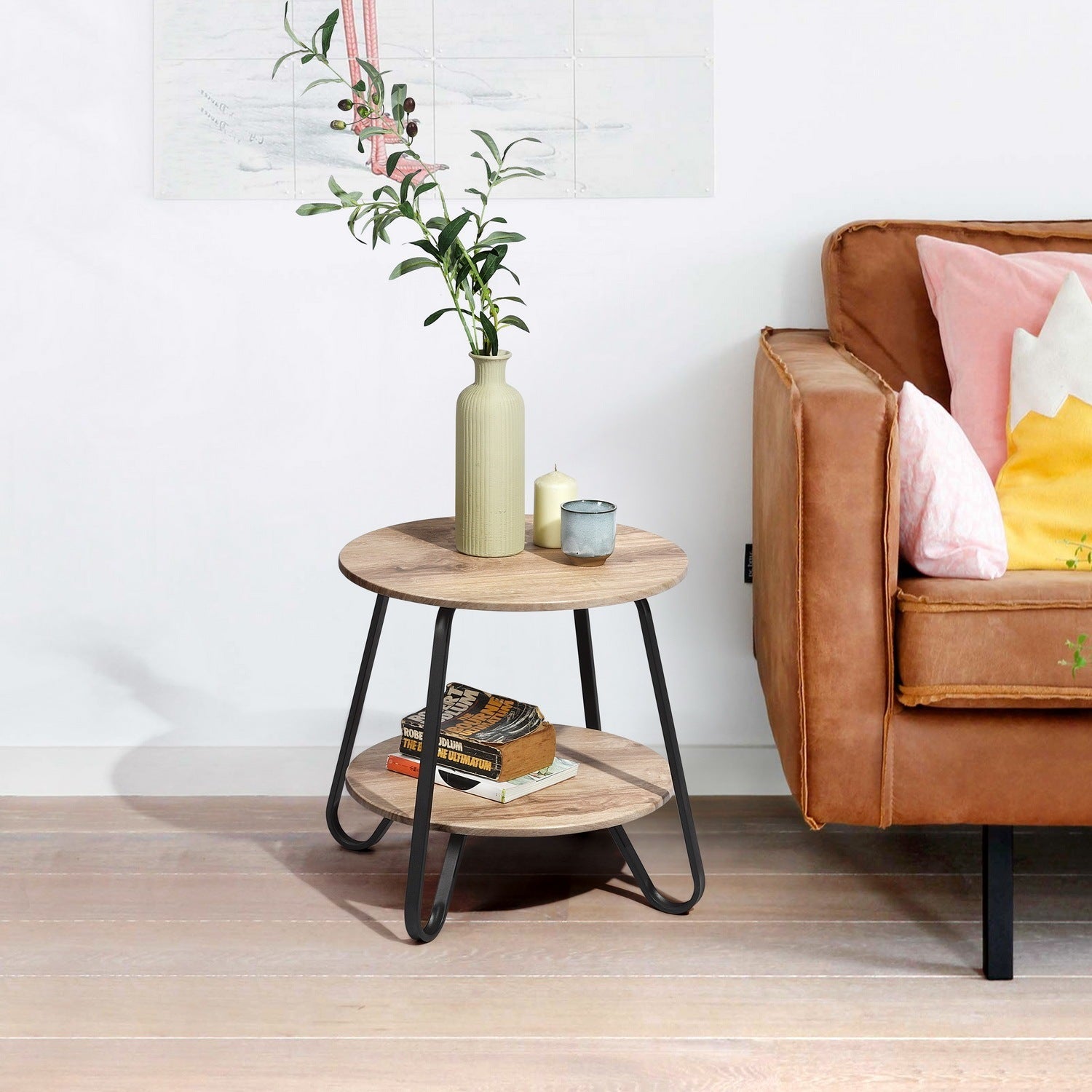 MAICOSY Round Coffee Tables 2 Tier Storage Table Farmhouse Small Side Table