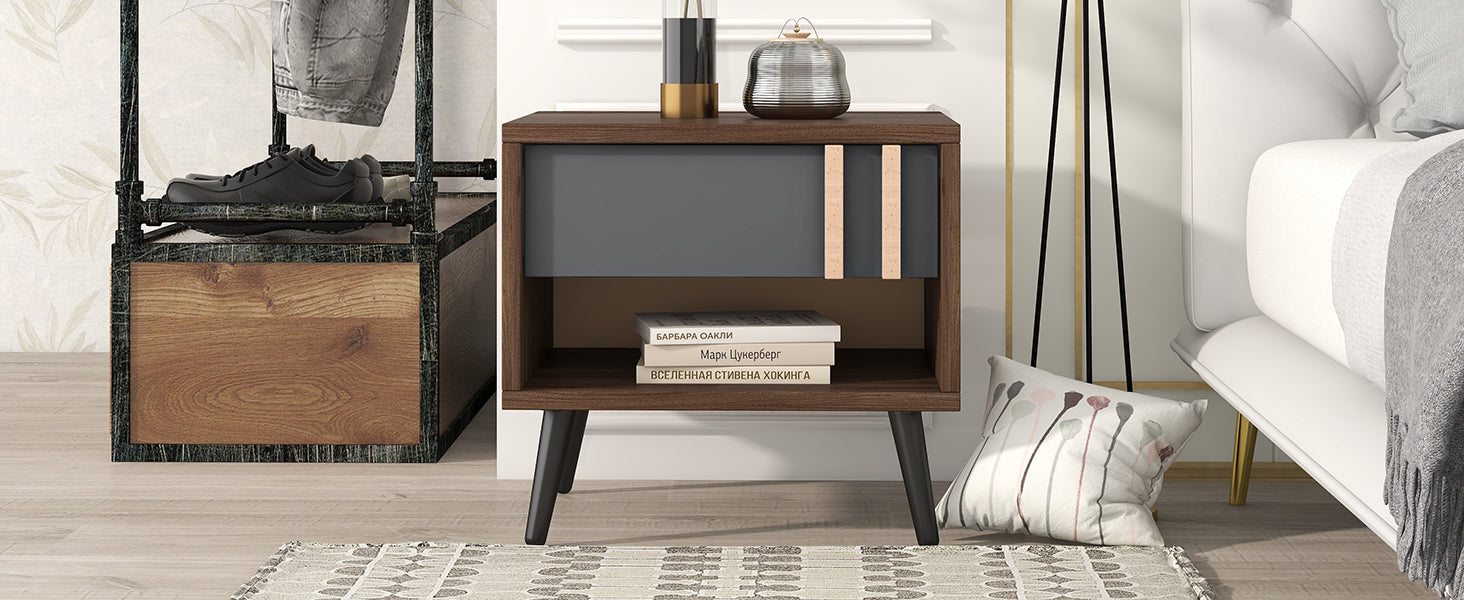 Wooden Nightstand  End Table for Bedroom - Gray+Walnut