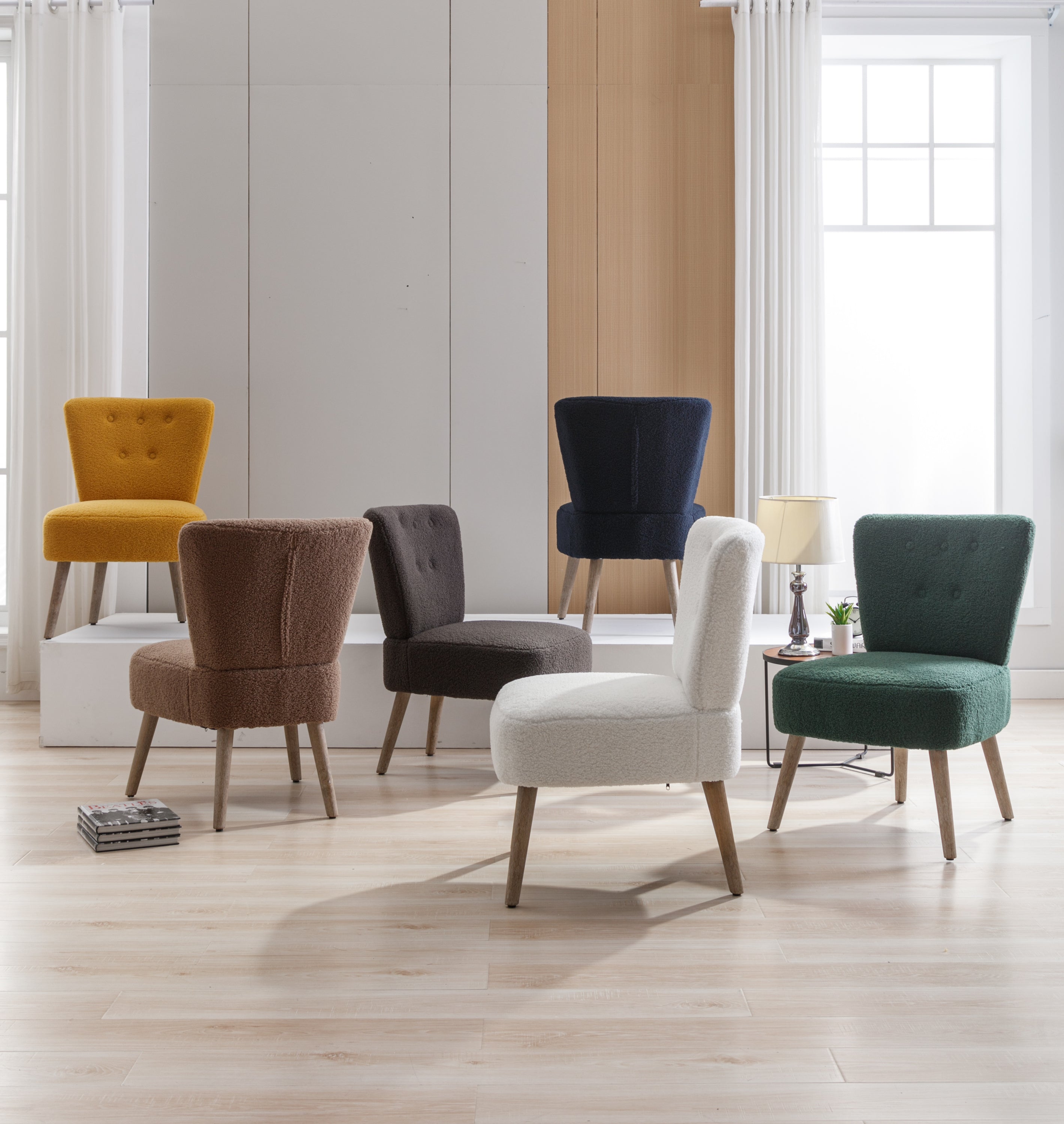 Teddy Fabric Button Accent Slipper Chair With Wooden Legs - White