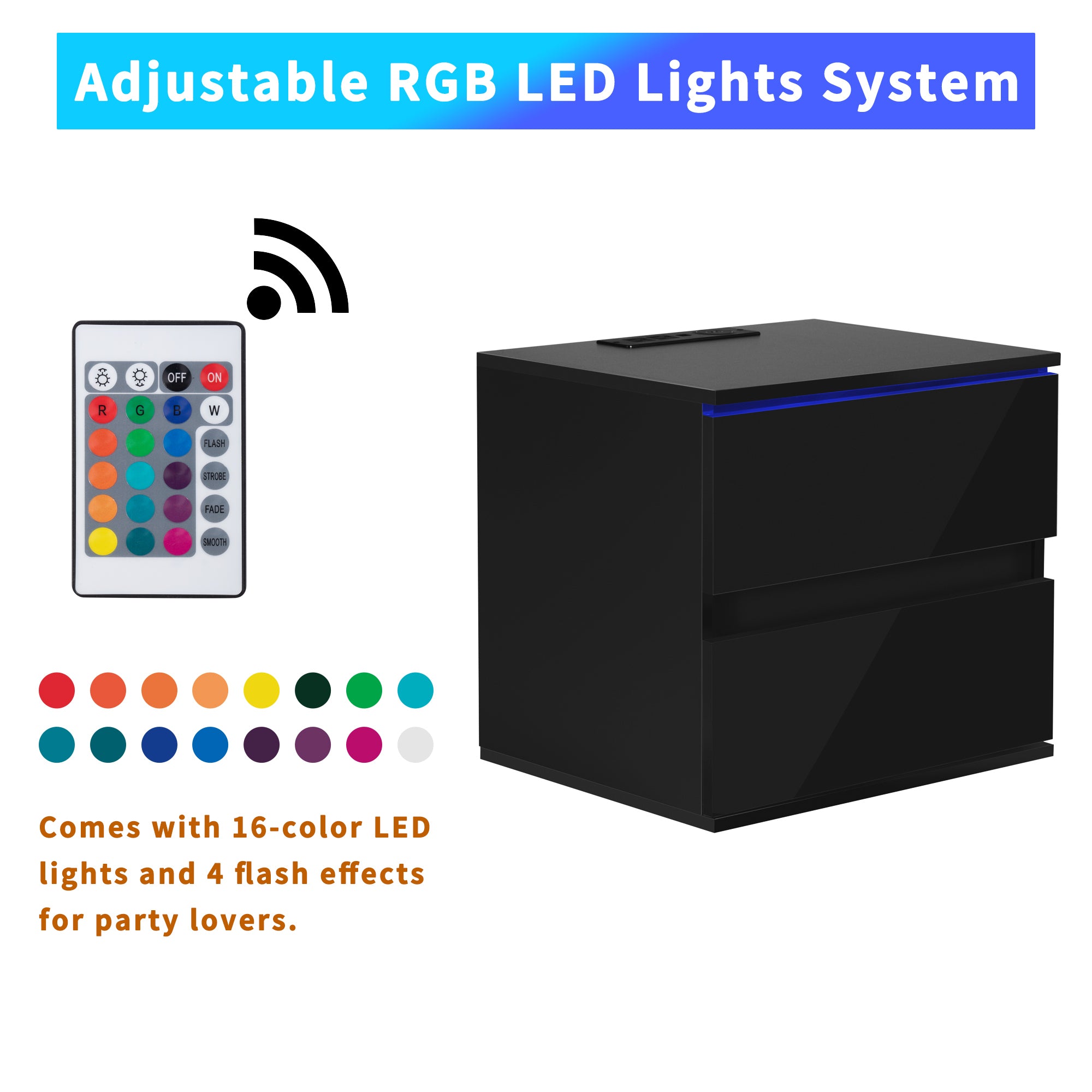 Nightstand with 2 Drawers, USB Charging Ports, Wireless Charging and Remote Control LED Light - Black