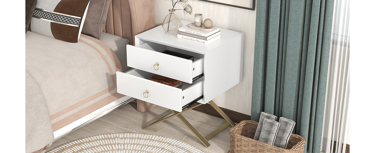 Nightstand with 2 Drawers & Golden Handle，Storage Bedside Table - White