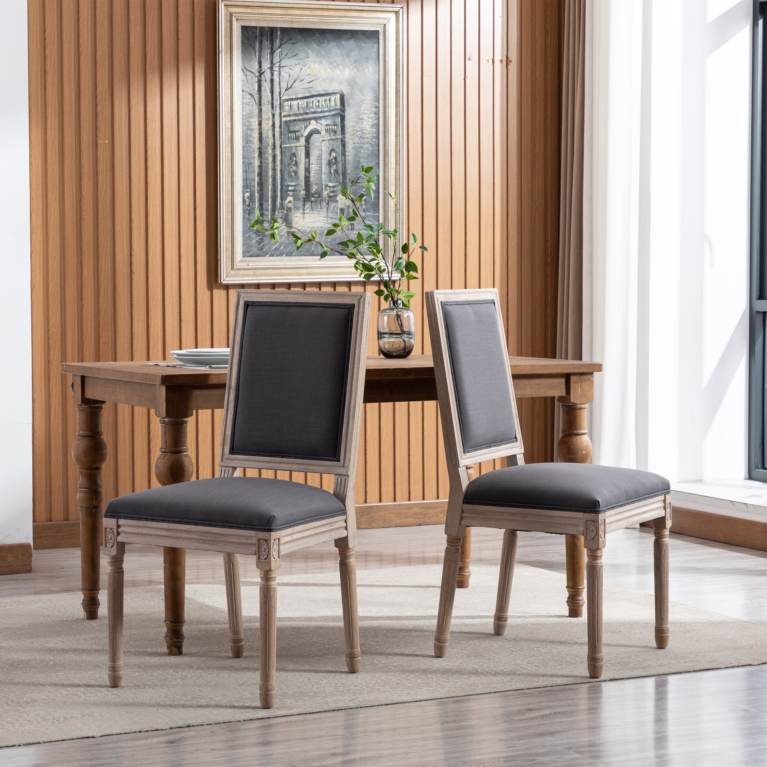 French Style Antique Painting Linen Back Dining Chair (Set of 2) - Grey