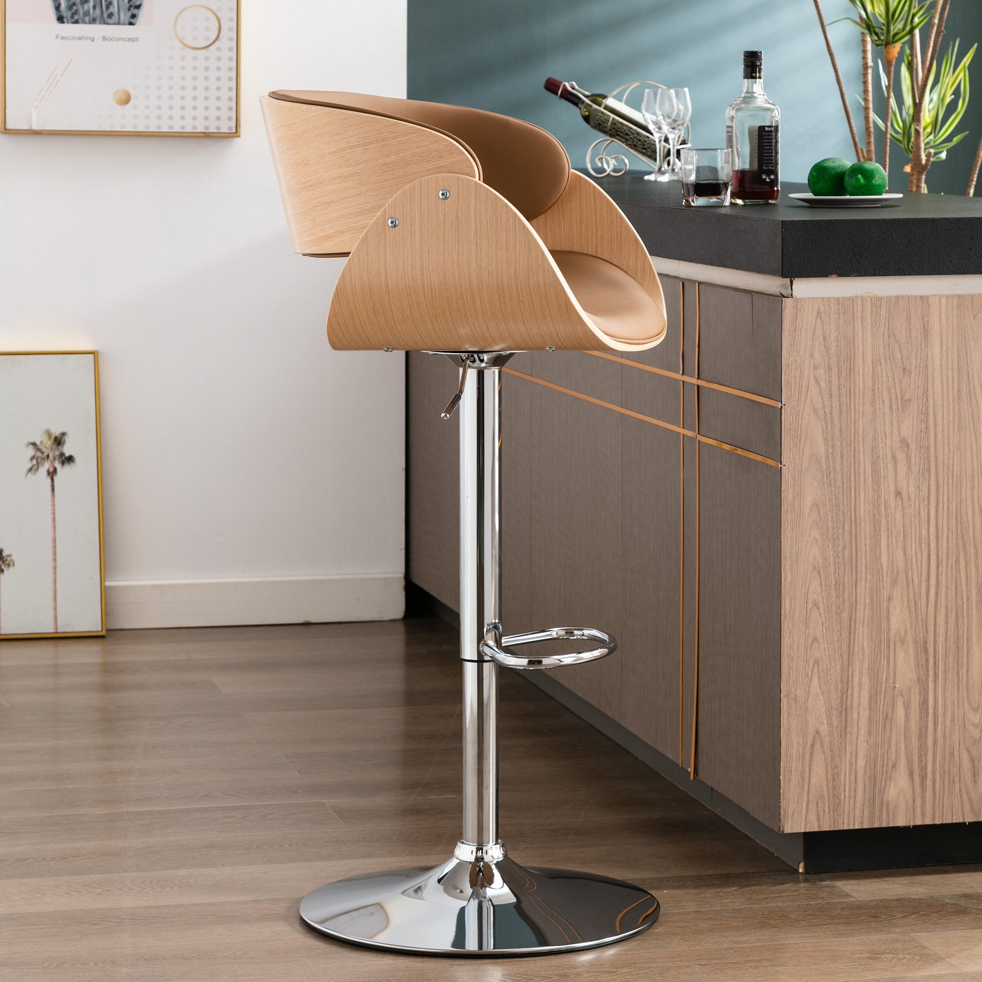 Adjustable/Swivel Bar Stool PU Leather Ecru Bent Wood Bar Chair - Walnut