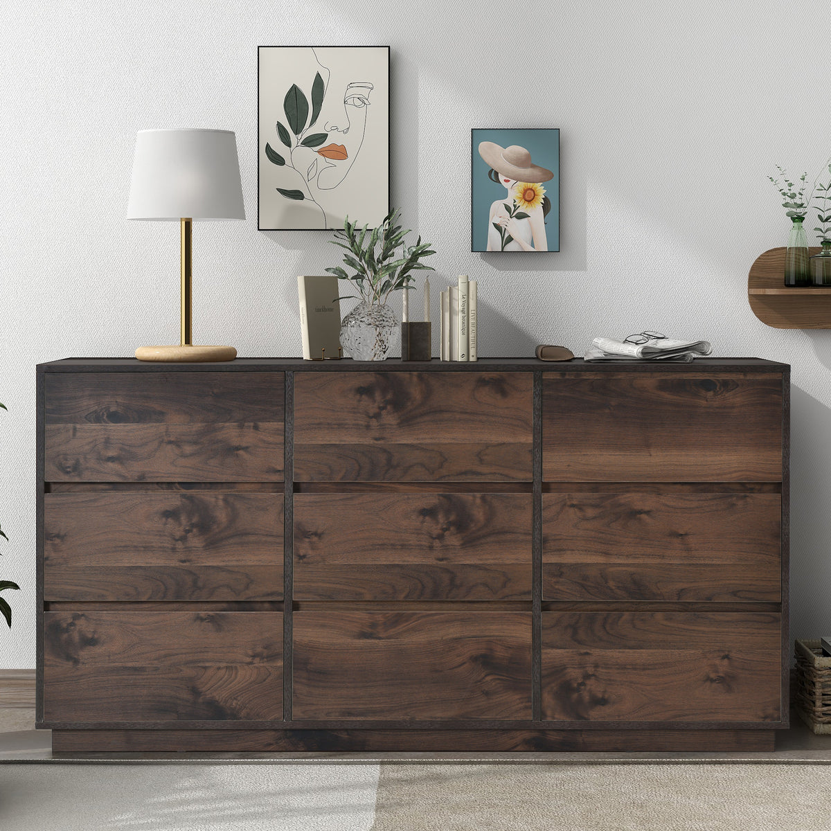 Mid-Century Modern 9 Drawers Dresser - Dark Brown
