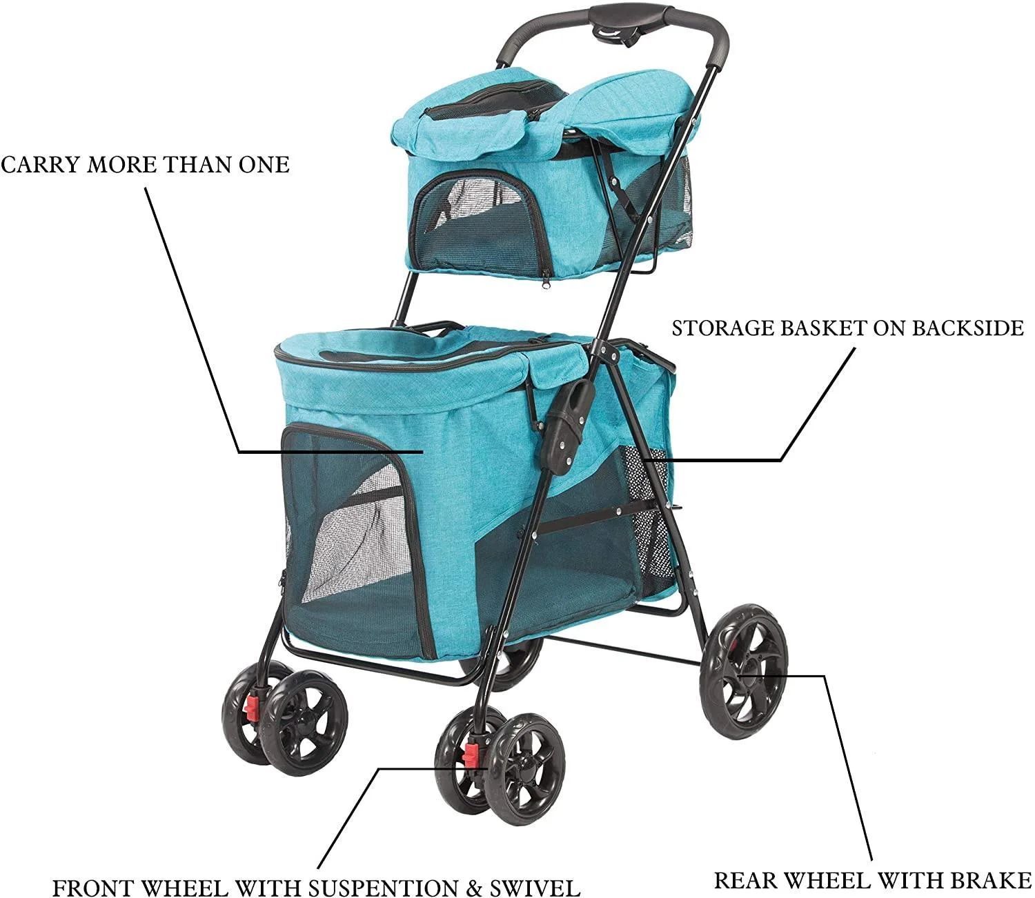 Portable Folding Dog Stroller Travel Cage Stroller for Pet Cat Kitten Puppy Carriages - Large 4 Wheels Elite Jogger - Blue