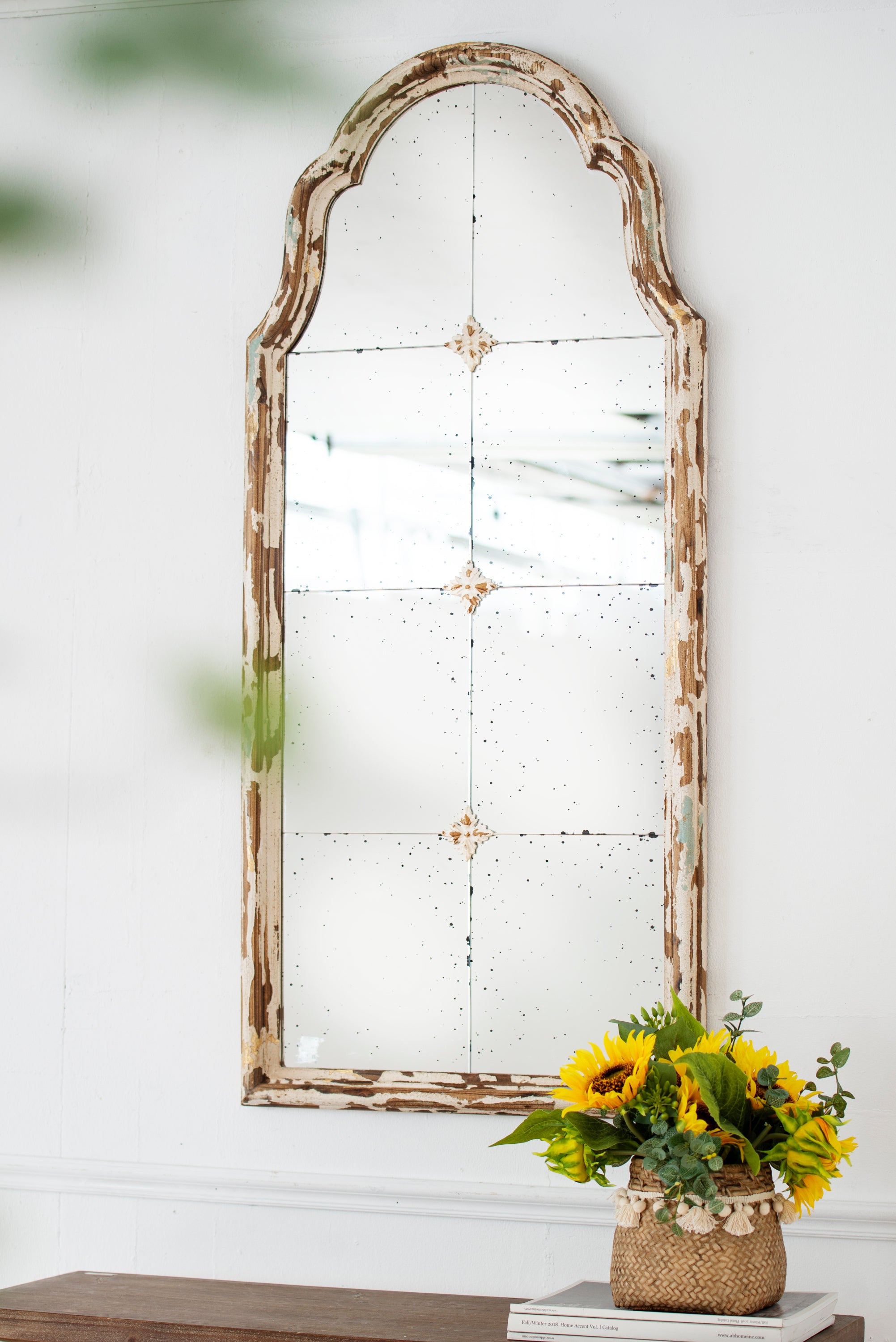 Large Cream & Gold Framed Wall Mirror, Wood Arched, 22" x 48"
