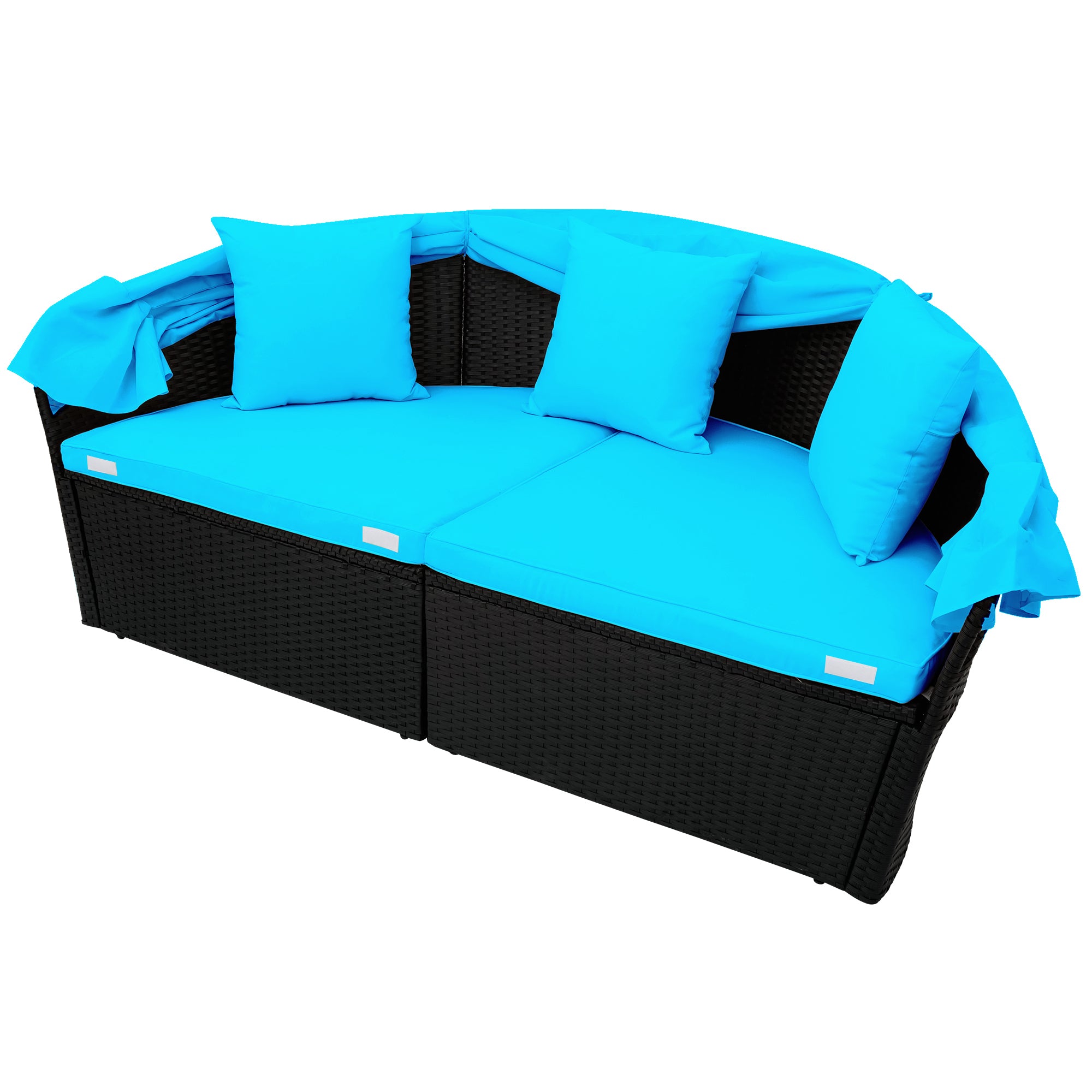 Outdoor rattan daybed sunbed with Retractable Canopy Wicker Furniture, Round Outdoor Sectional Sofa Set, Black Wicker Furniture Clamshell  Seating with Washable Cushions - Blue