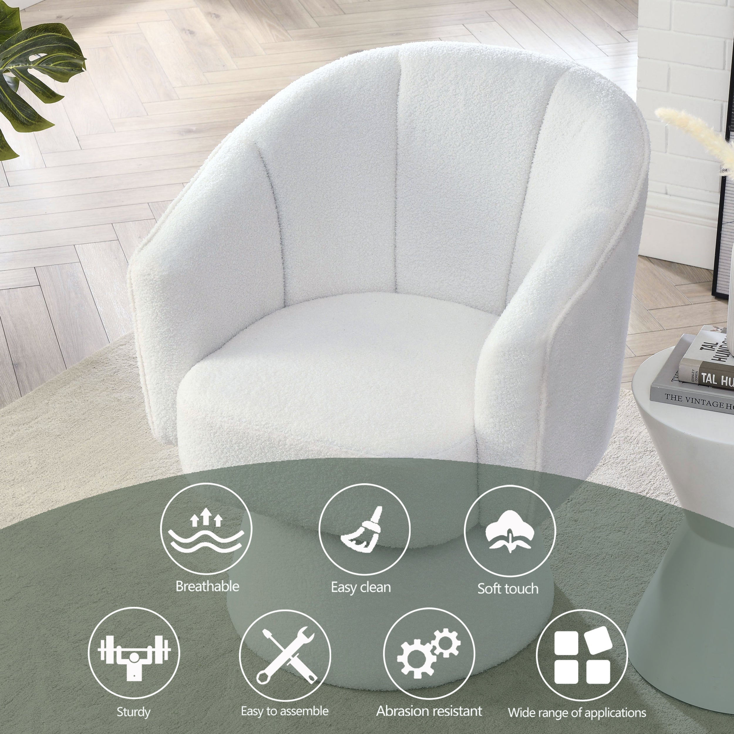 29 "W Petal Modern Contemporary Accent Lounge Swivel Chair with Deep Channel Tufting and Base - White Teddy