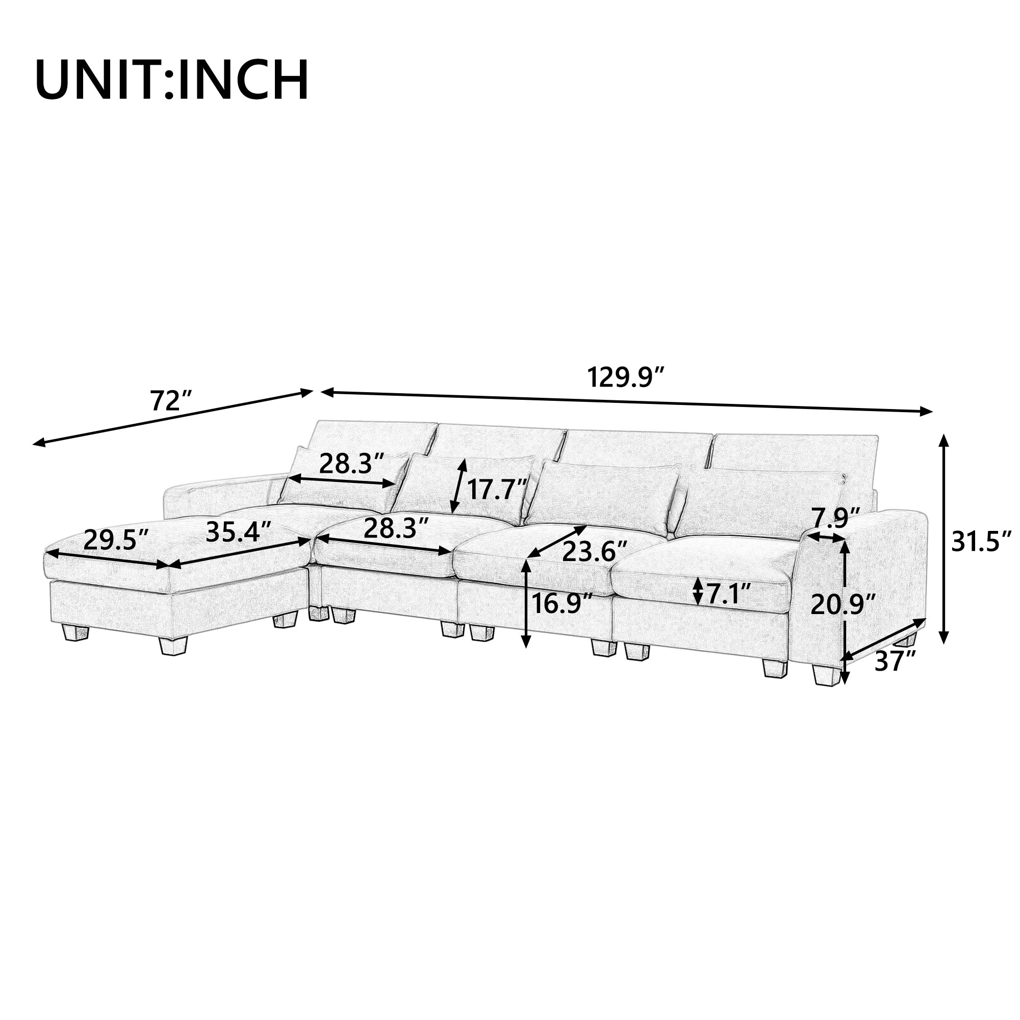 U_Style Modern Large L-Shape Feather Filled Sectional Sofa,  Convertible Sofa Couch with Reversible Chaise - Dark Gray