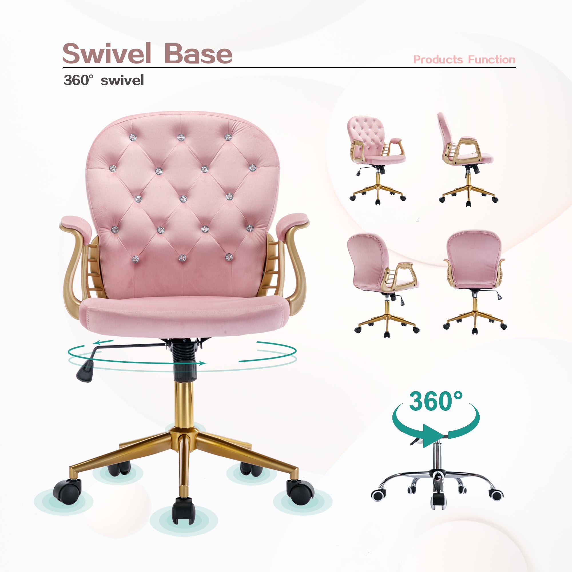 Velvet Home Office Chair with Wheels - Pink