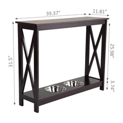 31.5"H Modern Console Table with Dog/Cat Bowls, X Frame Narrow Sofa Table - Brown and Black