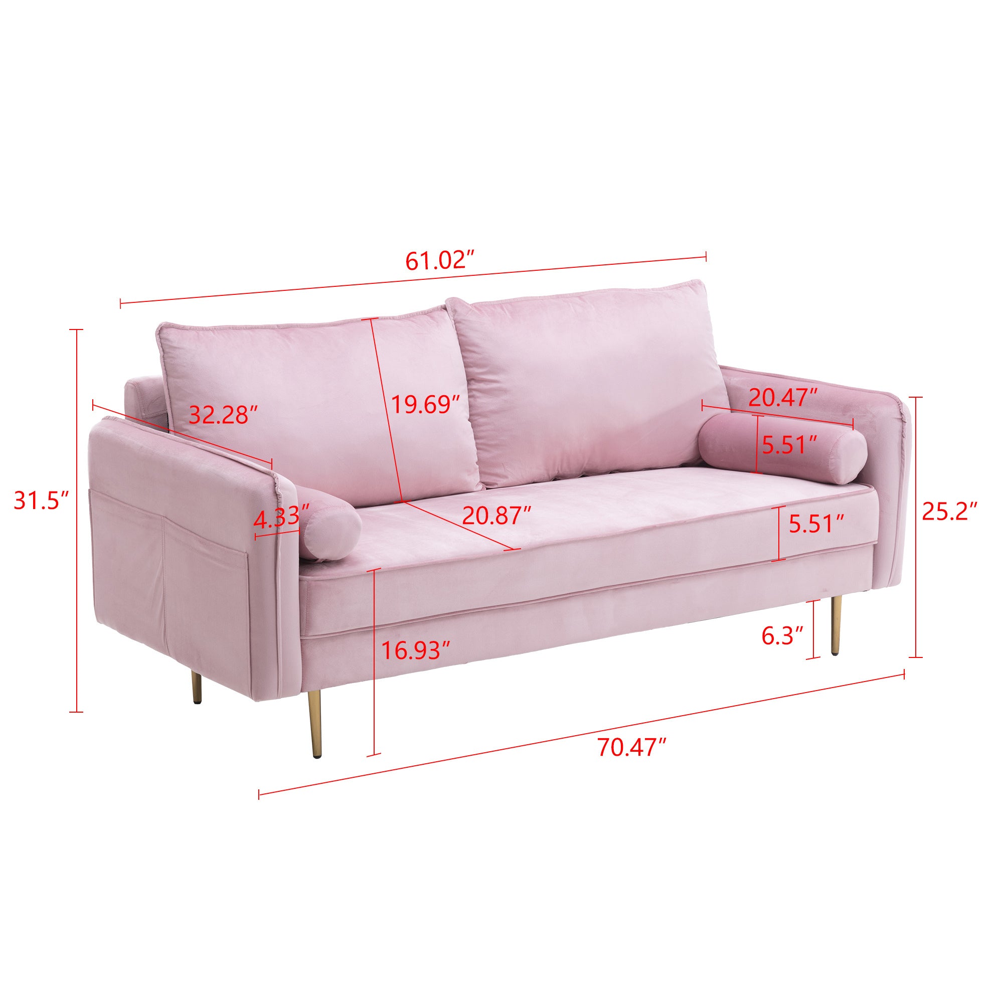 Modern Living Room Velvet Fabric Sofa Couch, Loveseat Sofa with Pocket - Pink