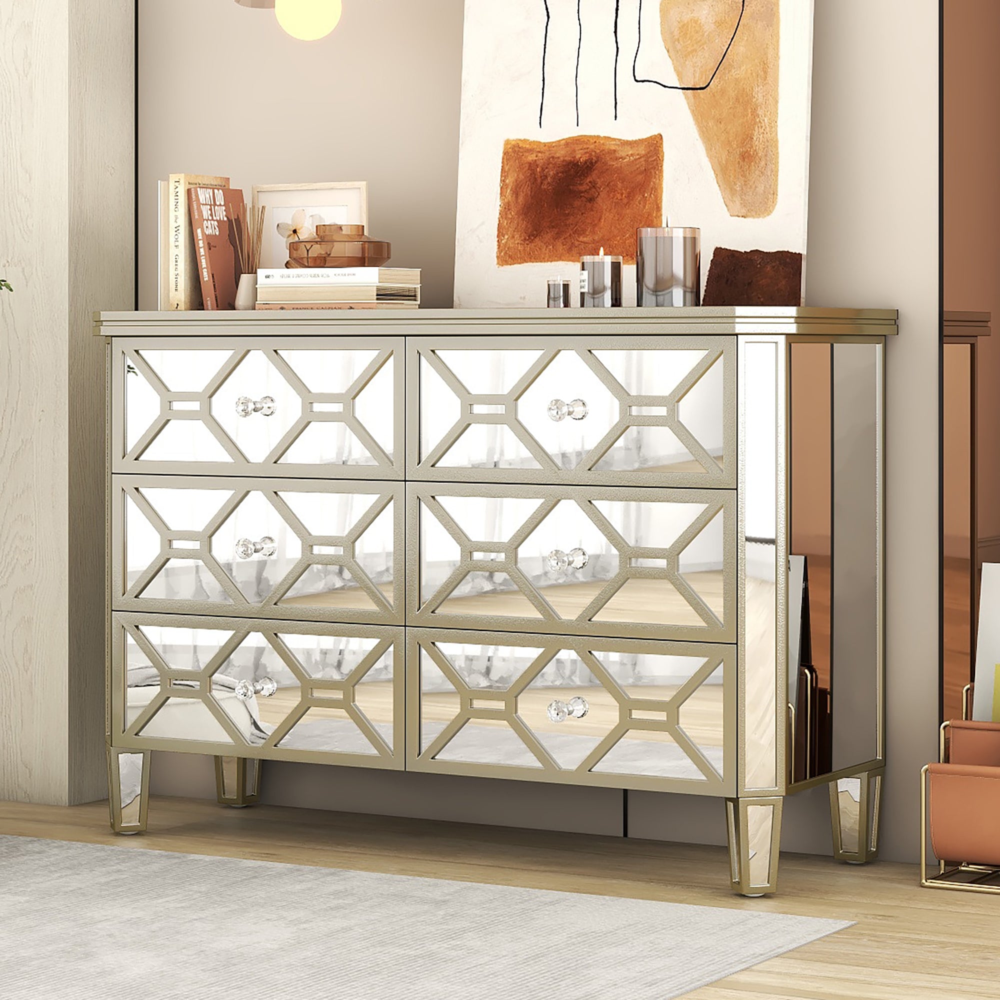 Elegant Mirrored 6-Drawer Dresser with Golden Lines Storage Cabinet