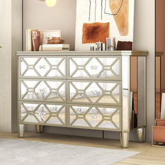 Elegant Mirrored 6-Drawer Dresser with Golden Lines Storage Cabinet