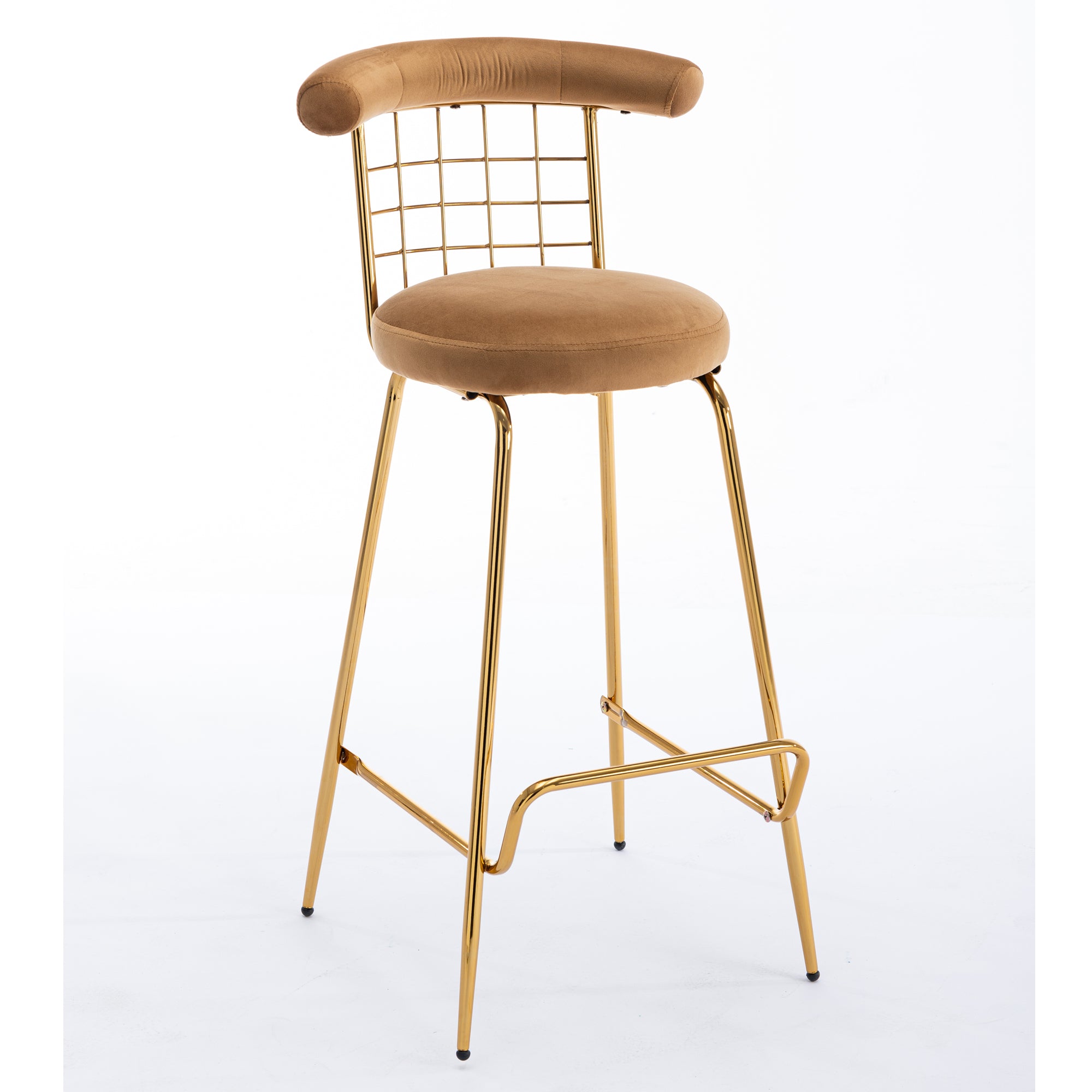 Luxury Velvet  High Bar Stool with Metal Legs and Soft Back - Camel