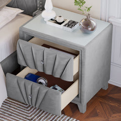 Contemporary Velvet Upholstered Glass Top Nightstand End table with 2 Drawers - Gray