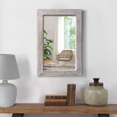 Rectangular Wooden Frame Wall Mirror, Grain Details - Antique White