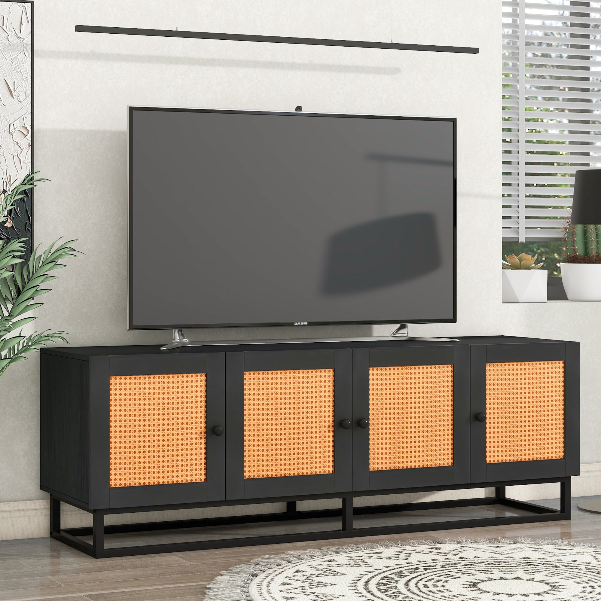Modern/Bohemian TV Stand Cabinet with 4 Textured Rattan Doors - Espresso