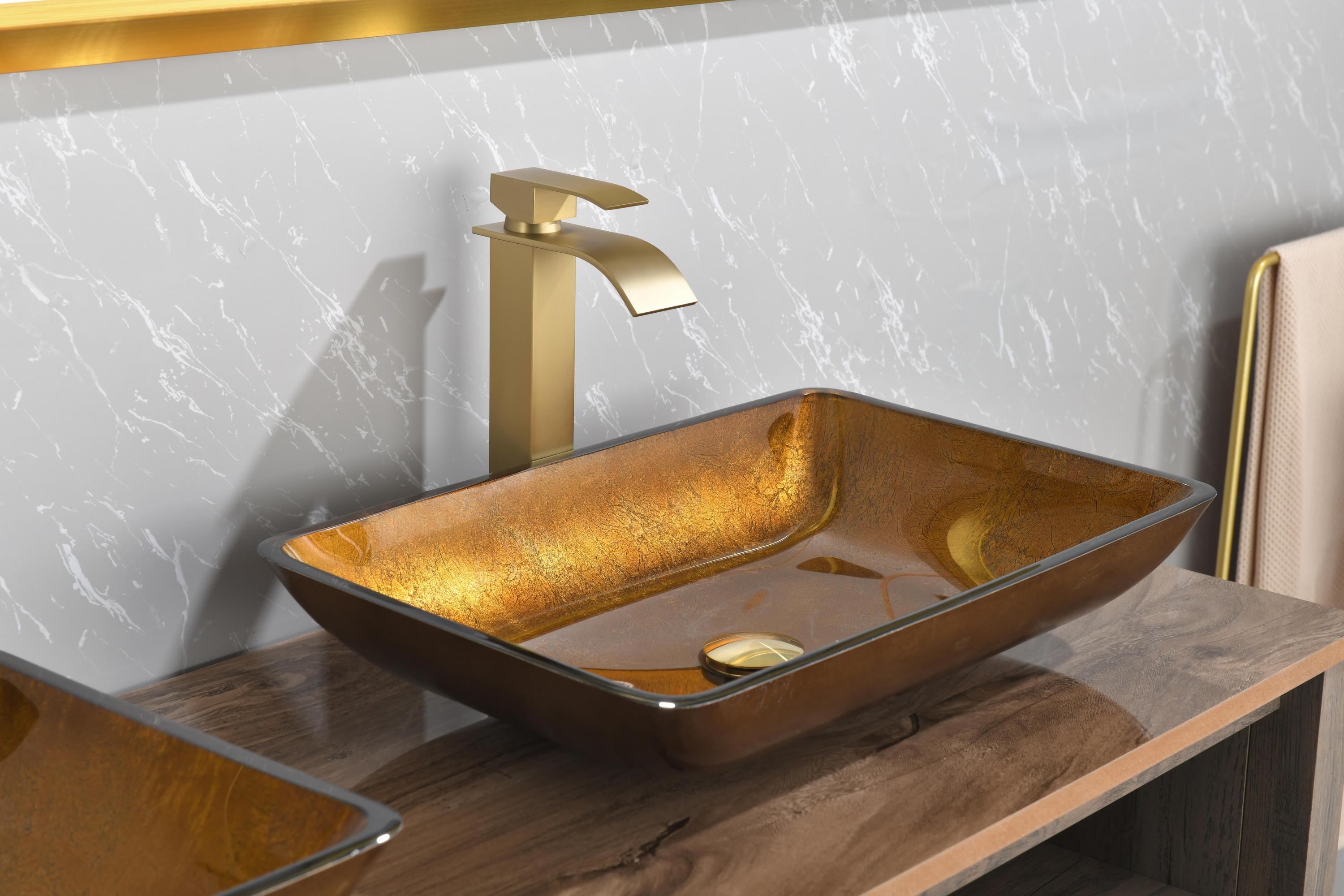 22.25" L -14.25" W -4 1/2" H Glass Rectangular Vessel Bathroom Sink Set with Gold Faucet and Gold Pop Up Drain