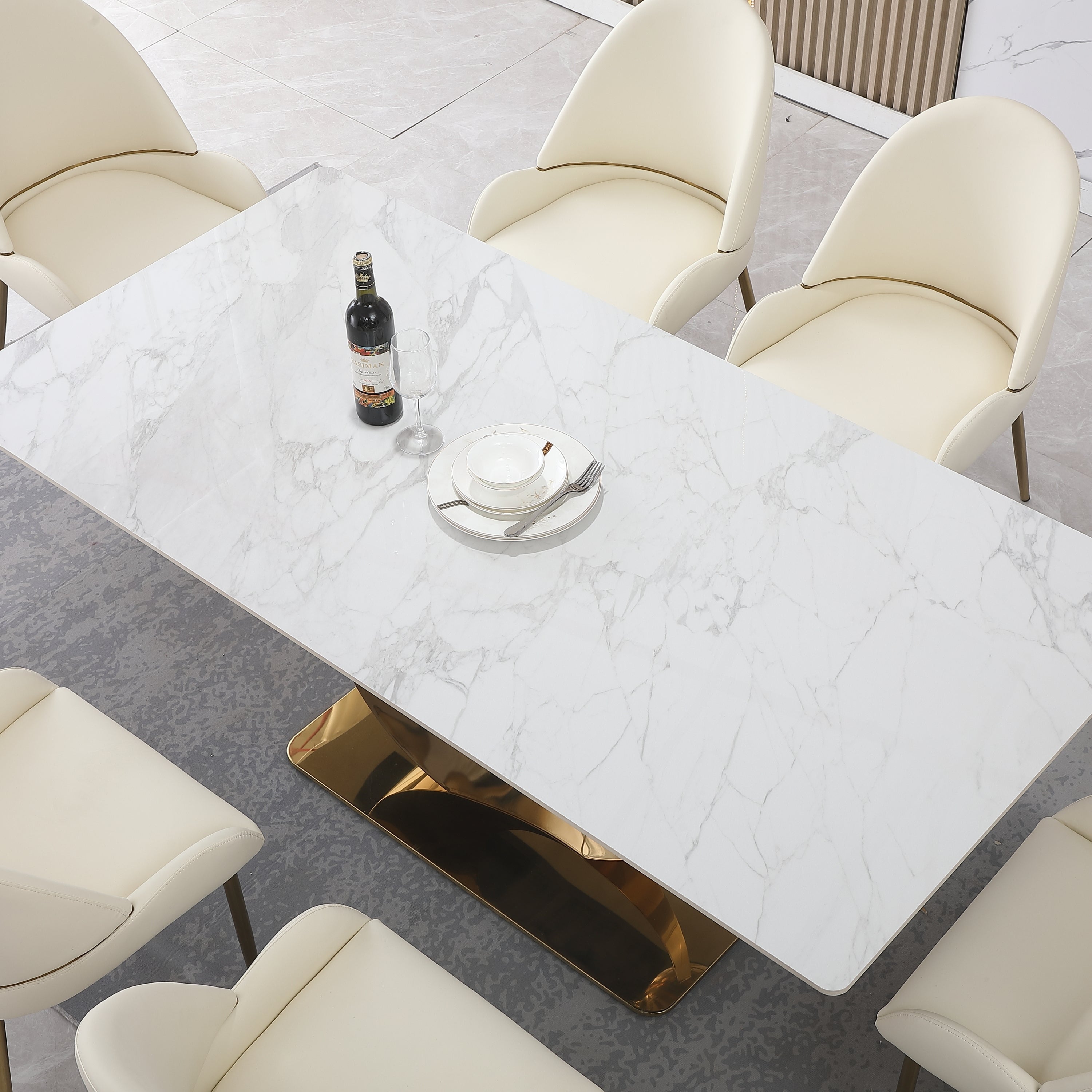 Stone Dining Table with Carrara White color and Round special shape stainless steel Gold Pedestal Base