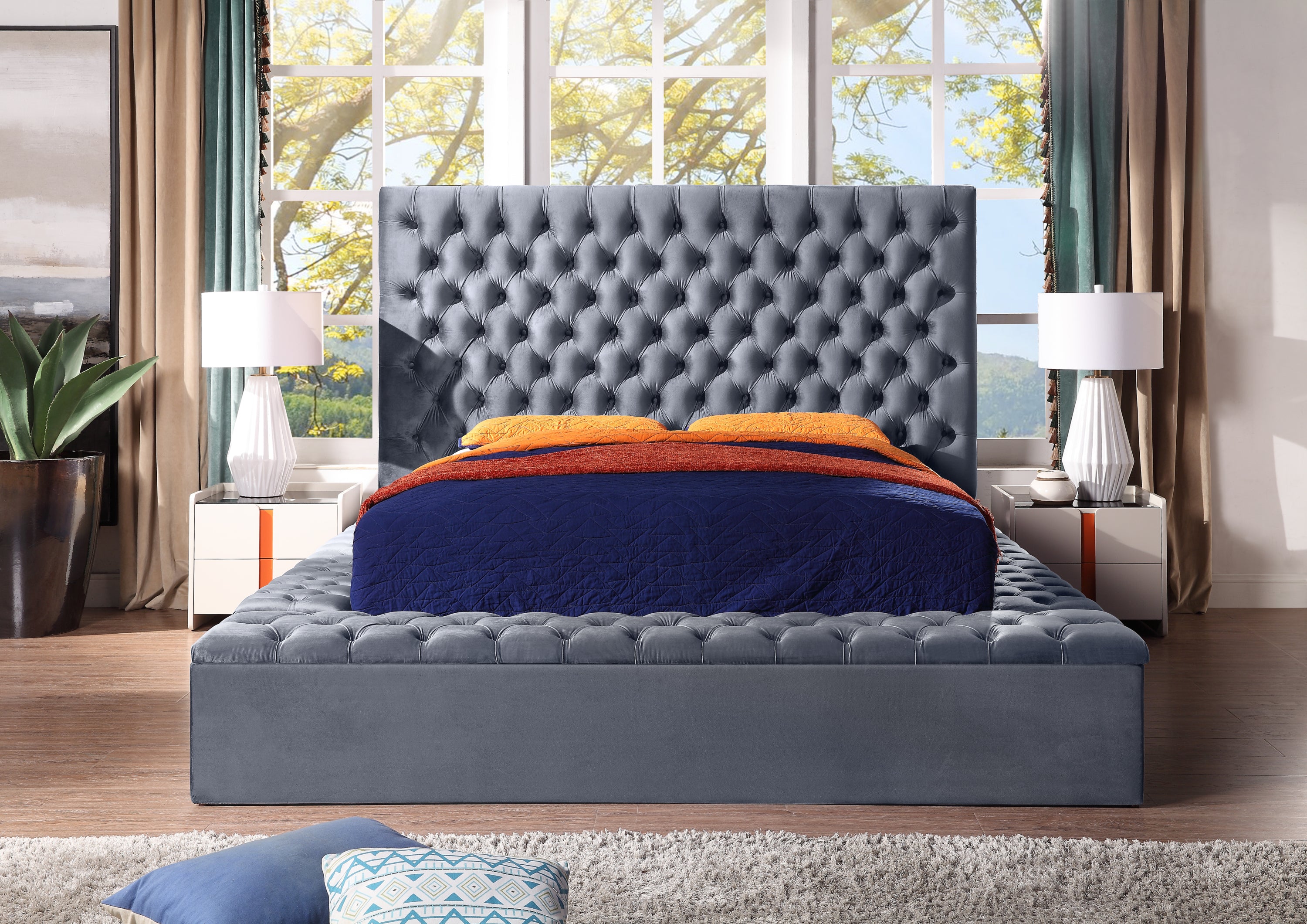 King Size Contemporary Velvet Upholstered Bed with Storage Locker, Deep Button Tufting, Solid Wood Frame, High-density Foam, Silver Metal Leg - Grey