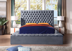 King Size Contemporary Velvet Upholstered Bed with Storage Locker, Deep Button Tufting, Solid Wood Frame, High-density Foam, Silver Metal Leg - Grey