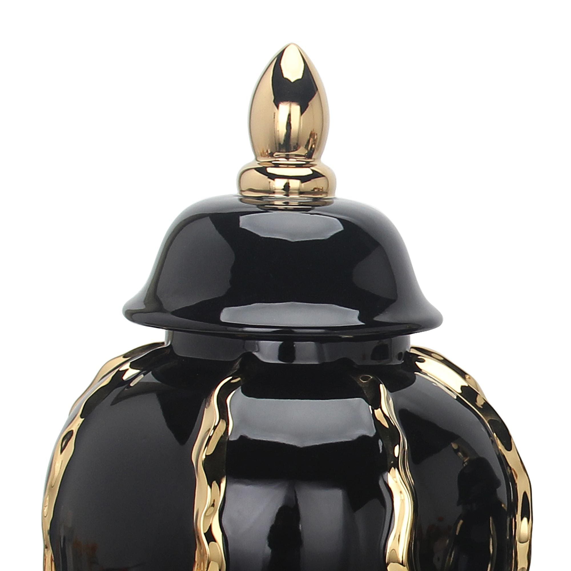 15" Elegant Black Ceramic Ginger Jar Vase with Gold Accents and Removable Lid