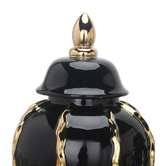 15" Elegant Black Ceramic Ginger Jar Vase with Gold Accents and Removable Lid
